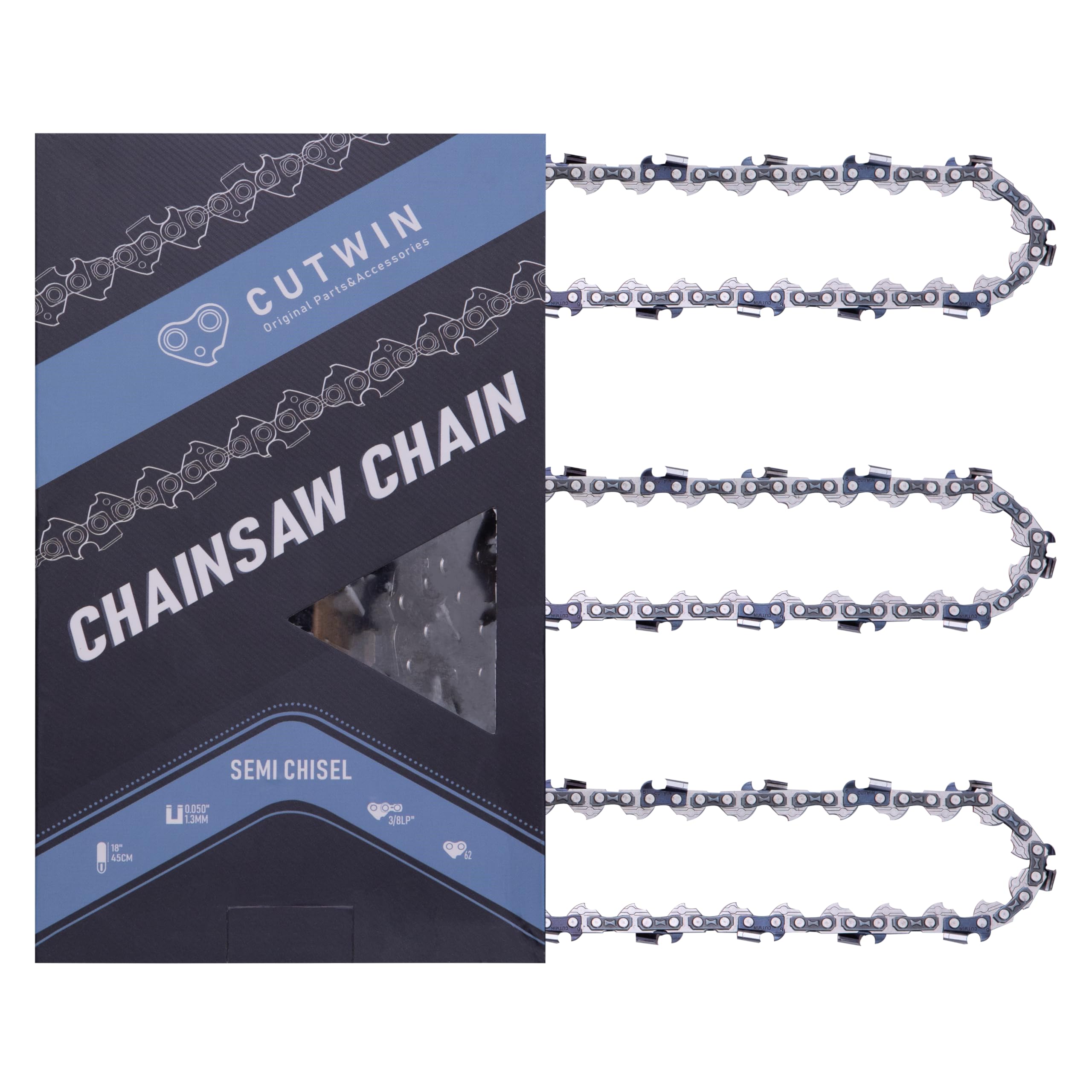 3 Pack 18 Inch Chainsaw Chain CW-S62 3/8" LP Pitch .050" Gauge 62 Drive Links, UL Approved Replacement Low-Kickback Saw Blade Fits Most Chainsaw Brands