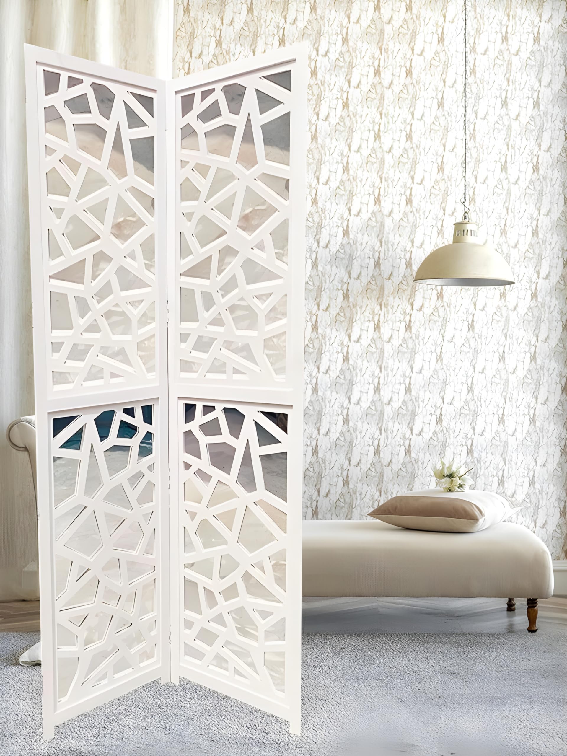 Musa Kazim/Wooden/Room Divider/for Living Room Partition/Foldable Partition / 2 Panel/Screen Separator/Wooden Partition Back Side is Mirror Glass (Color - White/Silver) (2 Panel White/Silver)-image-46