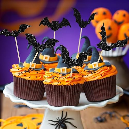 Miniatura 7 de 24 decoraciones de murciélago de Halloween para cupcakes con purpurina negra, decoración de palillos de Halloween para temática de Halloween, baby
