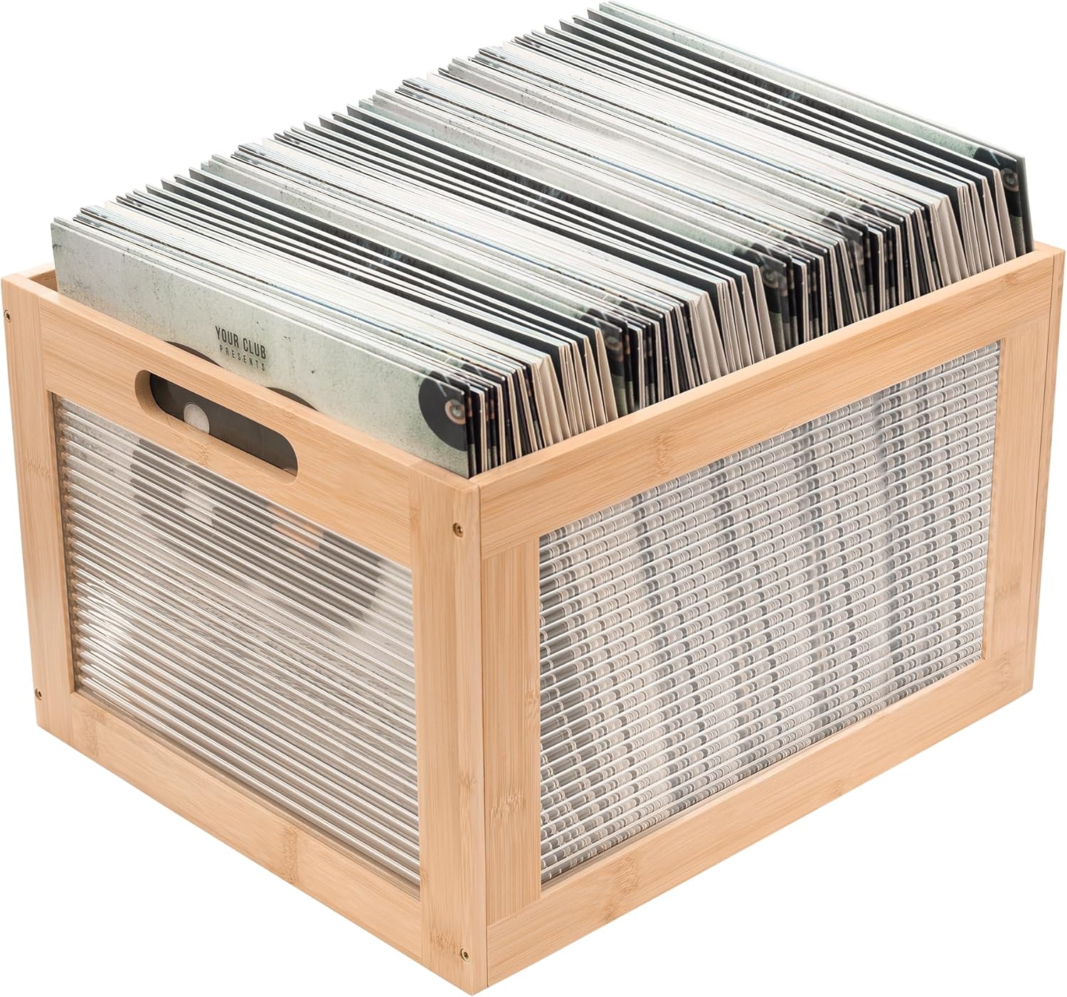 MinBoo Vinyl Record Storage Crate - Holds 80+ LP Albums, 12-Inch Record Organizer Box with Acrylic & Bamboo, Sturdy Wooden Cube for Home, Office - 13.7''L x 16.5''W x 10.2''H, Anti-Slip Base，Brown
