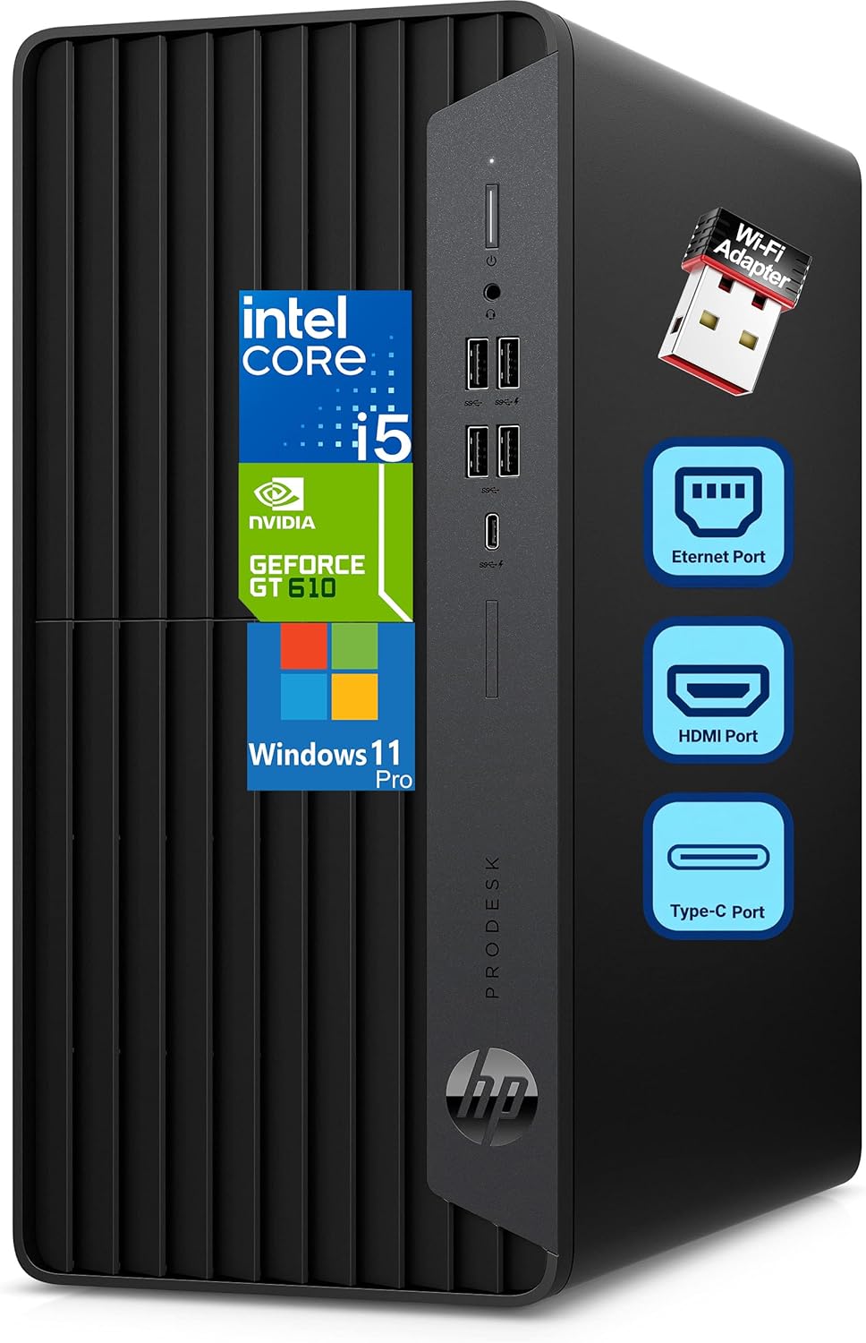 HP ProDesk 600 Microtower Business Desktop Computer, 32GB DDR4 RAM, 1TB PCIe SSD, Intel 6-Core i5-10400F, GeForce GT 610 2GB, WiFi Adapter, RJ45, HDMI, DVI-I Port, VGA, Type-C, Windows 11 Pro