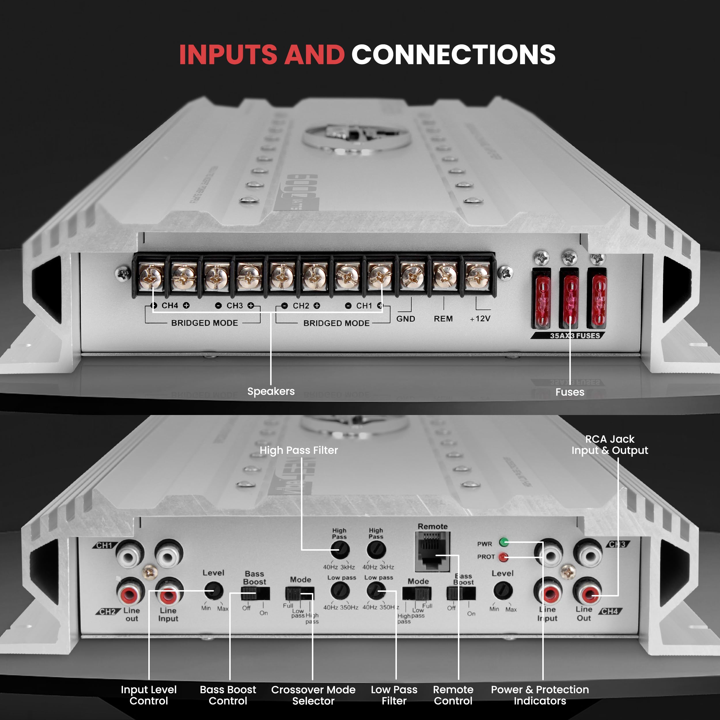 Amplificatore Auto Lanzar Vibe 6000 Watt – 4 Canali MOSFET, RCA, Subwoofer Bass Control