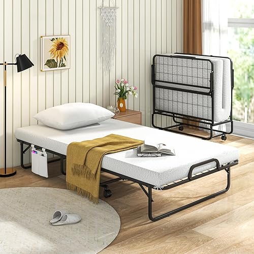 Miniatura 2 de Giantex Cama plegable con colchón y almohada superior, camas de invitados portátiles de tamaño individual con marco de metal, bolsillo de