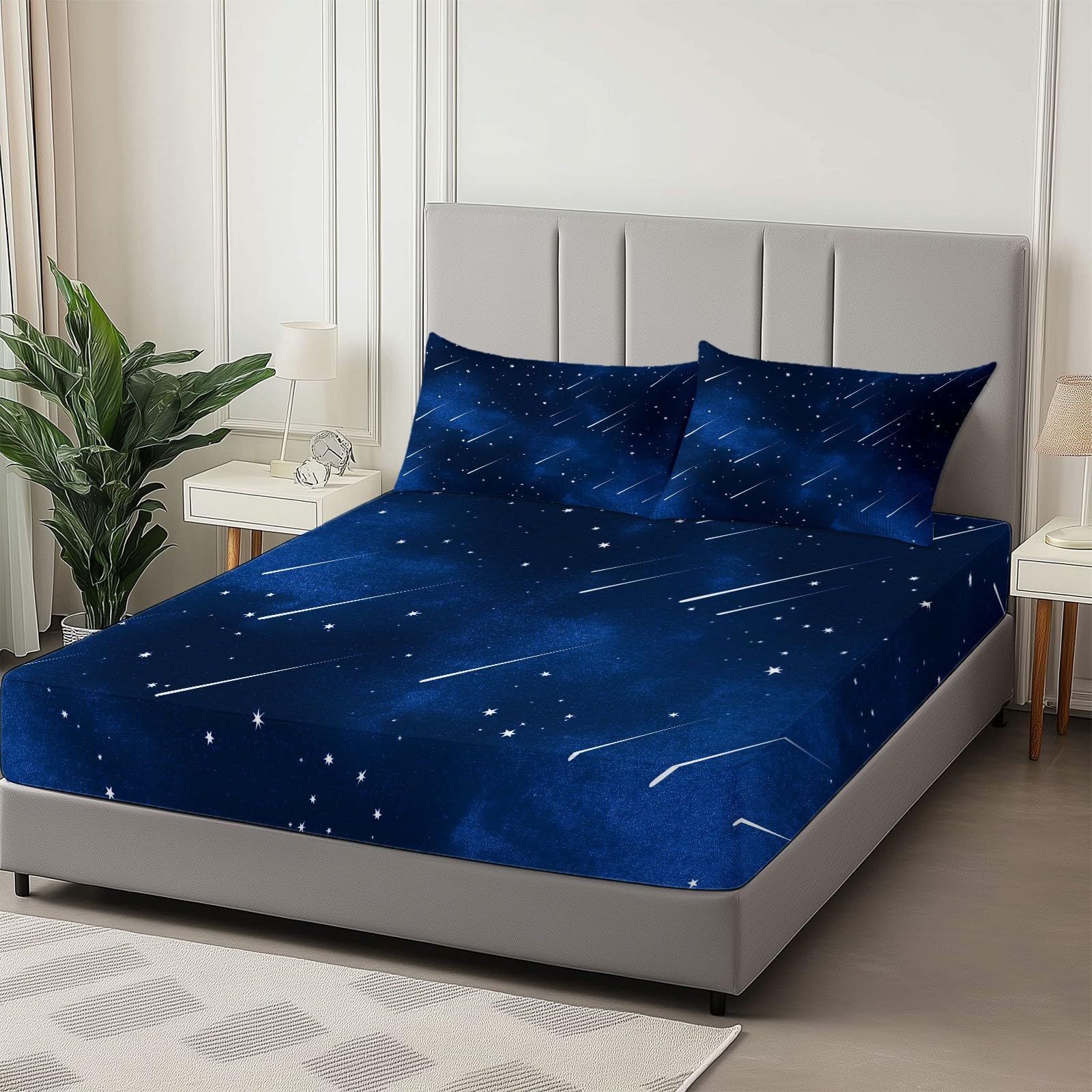 Pojedyncze prześcieradło z gumką, niebiańskie gwiazdy nocnego nieba, głęboka kieszeń, 30 cm, łatwe w pielęgnacji, oddychająca miękka tkanina, odporne na kurczenie się i blaknięcie, z 2 poszewkami na