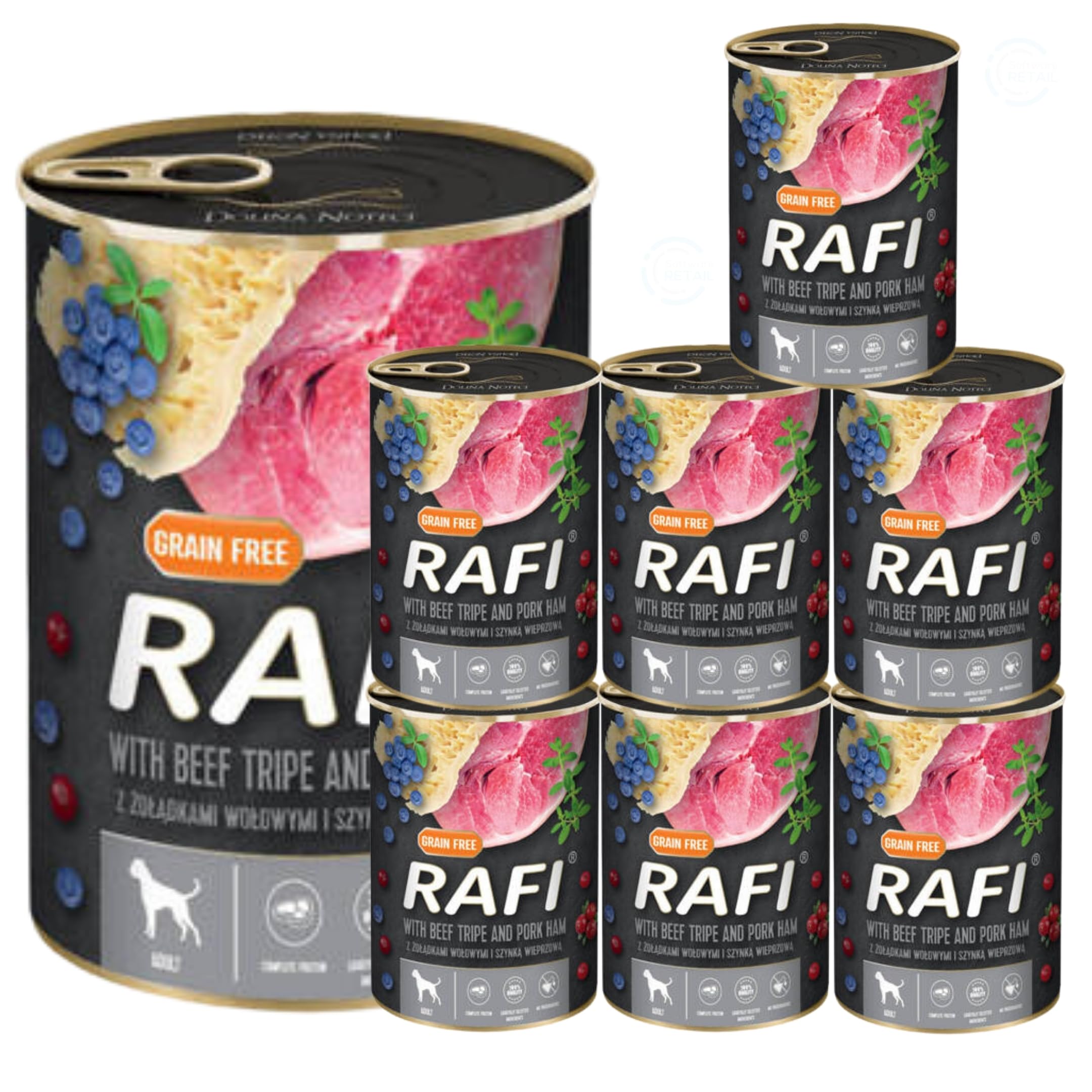 Rafi Complete Wet Dog Food: Meat & Natural Ingredients, Grain-Free, Immune-Boosting Superfoods in Every Flavour! Healthy & Tasty Nutrition for All Breeds! (Beef Tripe Pork Ham, 8x400g)