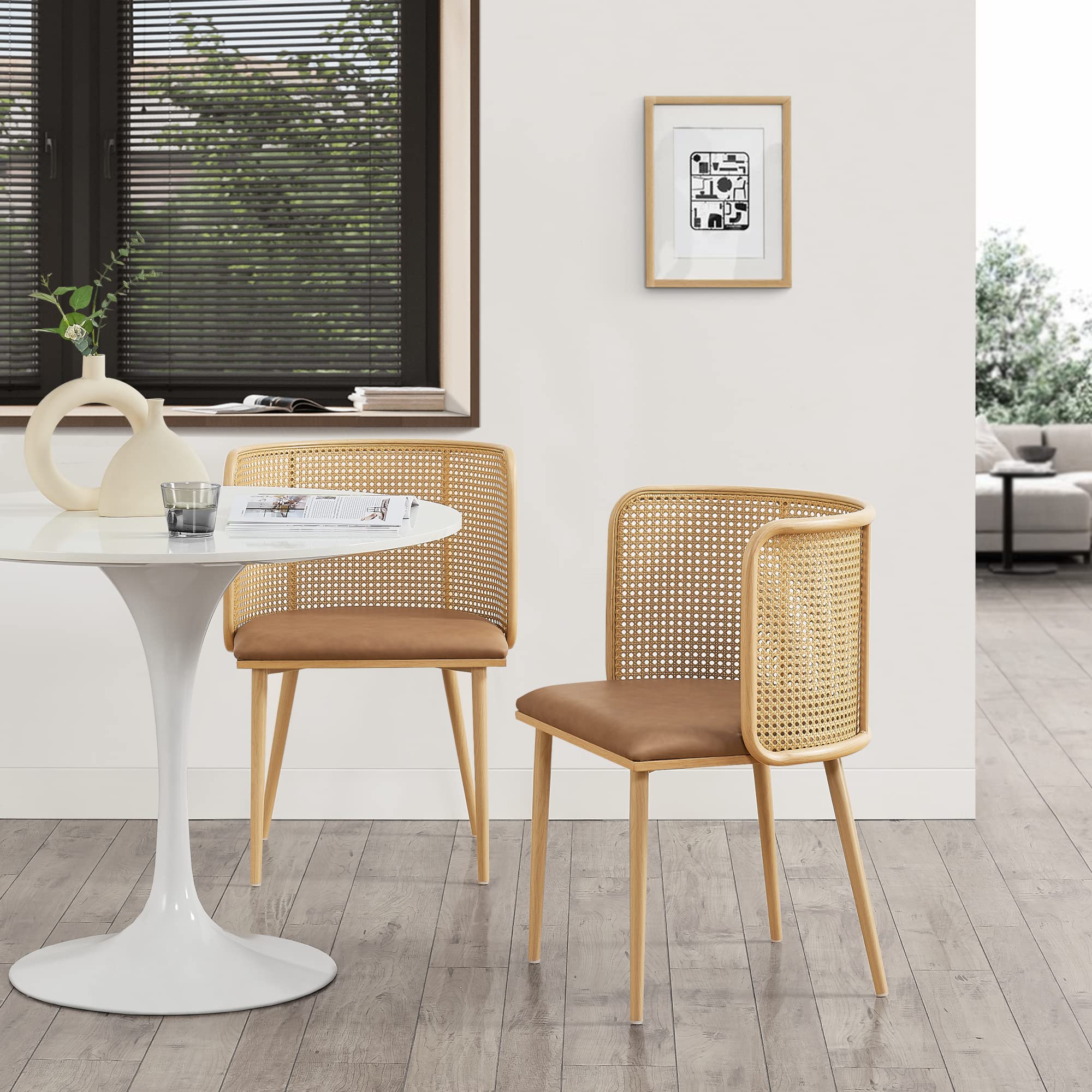 en.casa] Set di 2 Sedie con Sedute Imbottite Rivestimento in Similpelle Marrone 2 Poltroncine con Schienale a Semicerchio in Rattan e Gambe in Metallo Effetto Legno