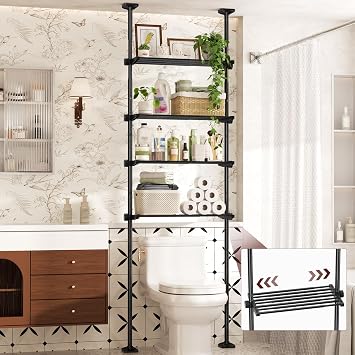 Goovilla Over The Toilet Storage Shelf, 64-124inchH 15-27inchW, Black | 4 Tier Bathroom Organizer Shelves with Adjustable No Drilling Tension Mounting, Space Saver Bathroom Shelf Rack Above Toilet