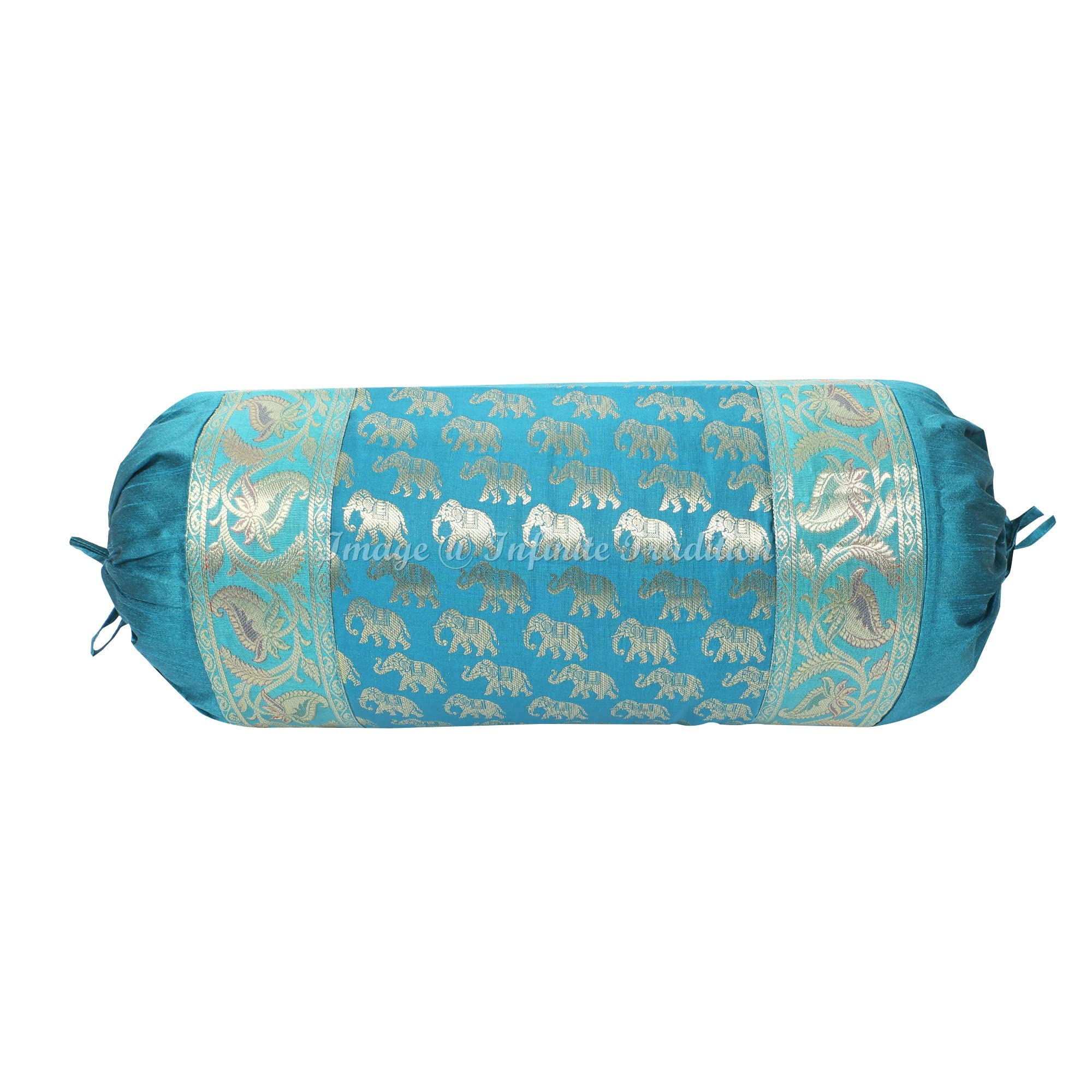 Indian Jacquard Silk Decorative Bolster Tube Pillow Cover Cylindrical Turquoise Couch Round Boho Cushion Cover Home Décor small Elephants Throw