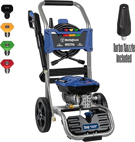 Westinghouse WPX2700e Electric Pressure Washer, 2700 PSI and 1.76 Max GPM, Induction Motor, Onboard Soap Tank, Spray Gun and Wand, 5 Nozzle Set, for