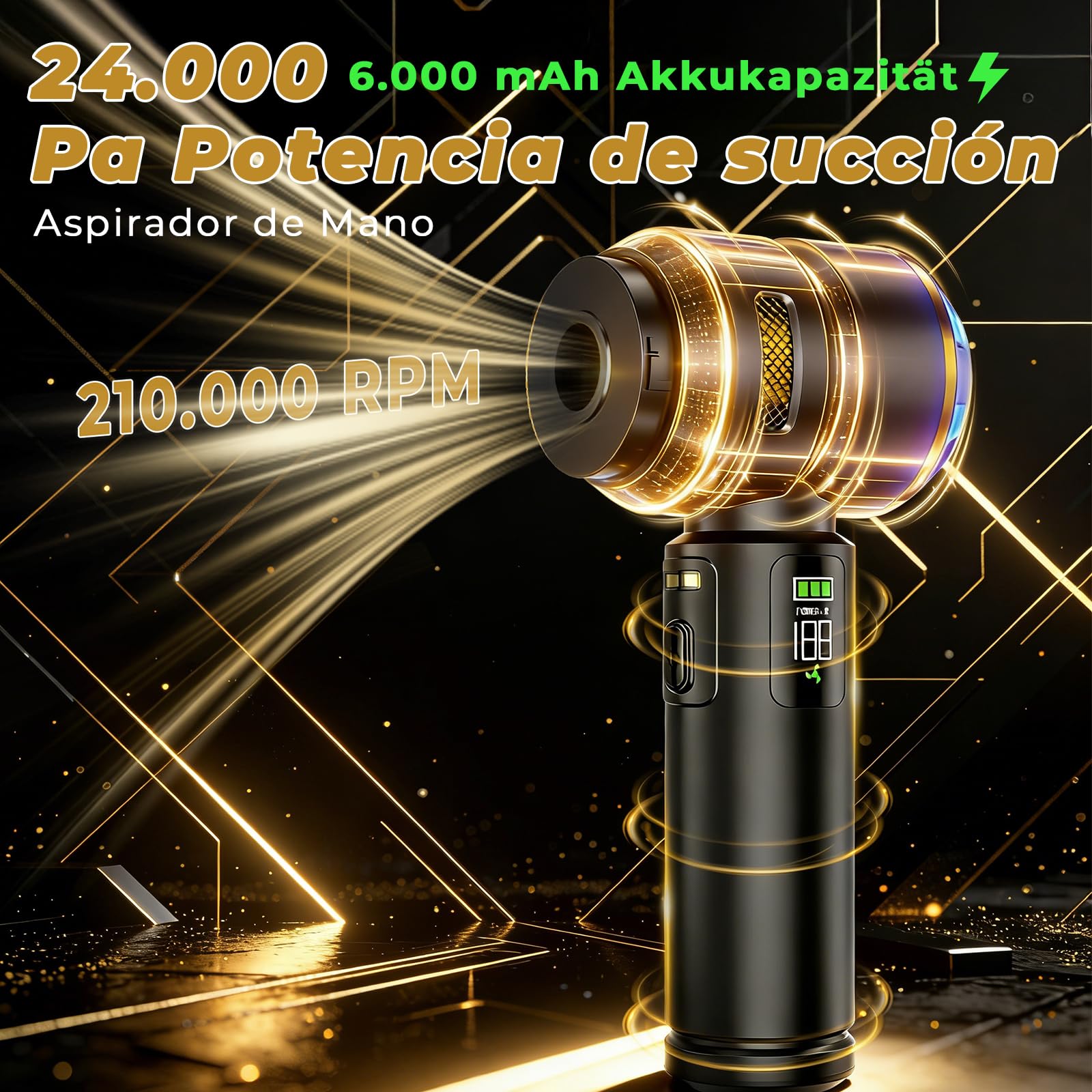 HOVIN Aspirador de Mano, 24.000Pa Aspirador Recargable,Aspirador sin Cable para Coche Aspiradoras de Mano con Motor sin Escobillas de,para Uso en la El vehículo,el hogar,la Cocina (Negro y Dorado)