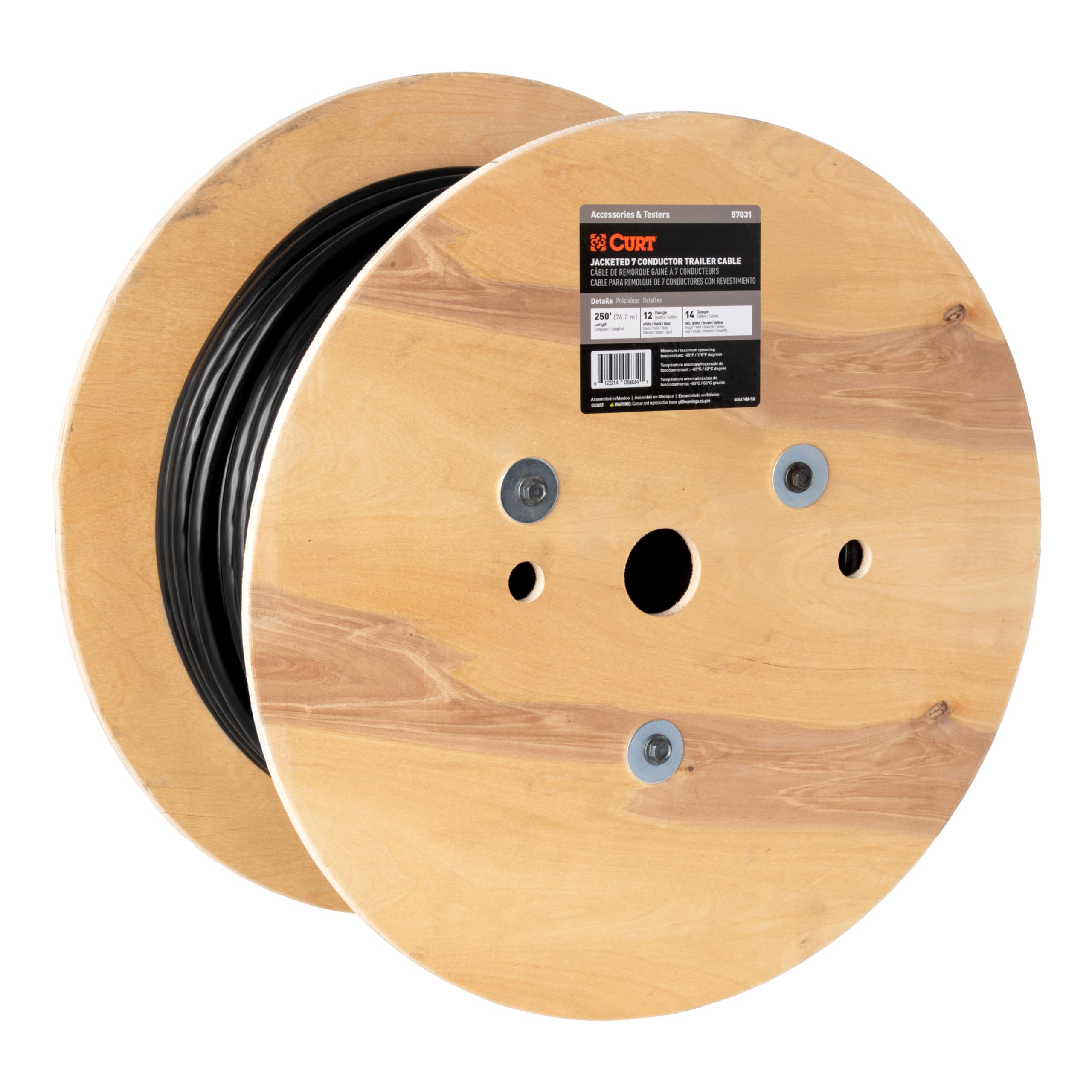 CURT 57030 7-Wire Trailer Cable Wiring, 250' Spool, 12/14 Gauge Wires