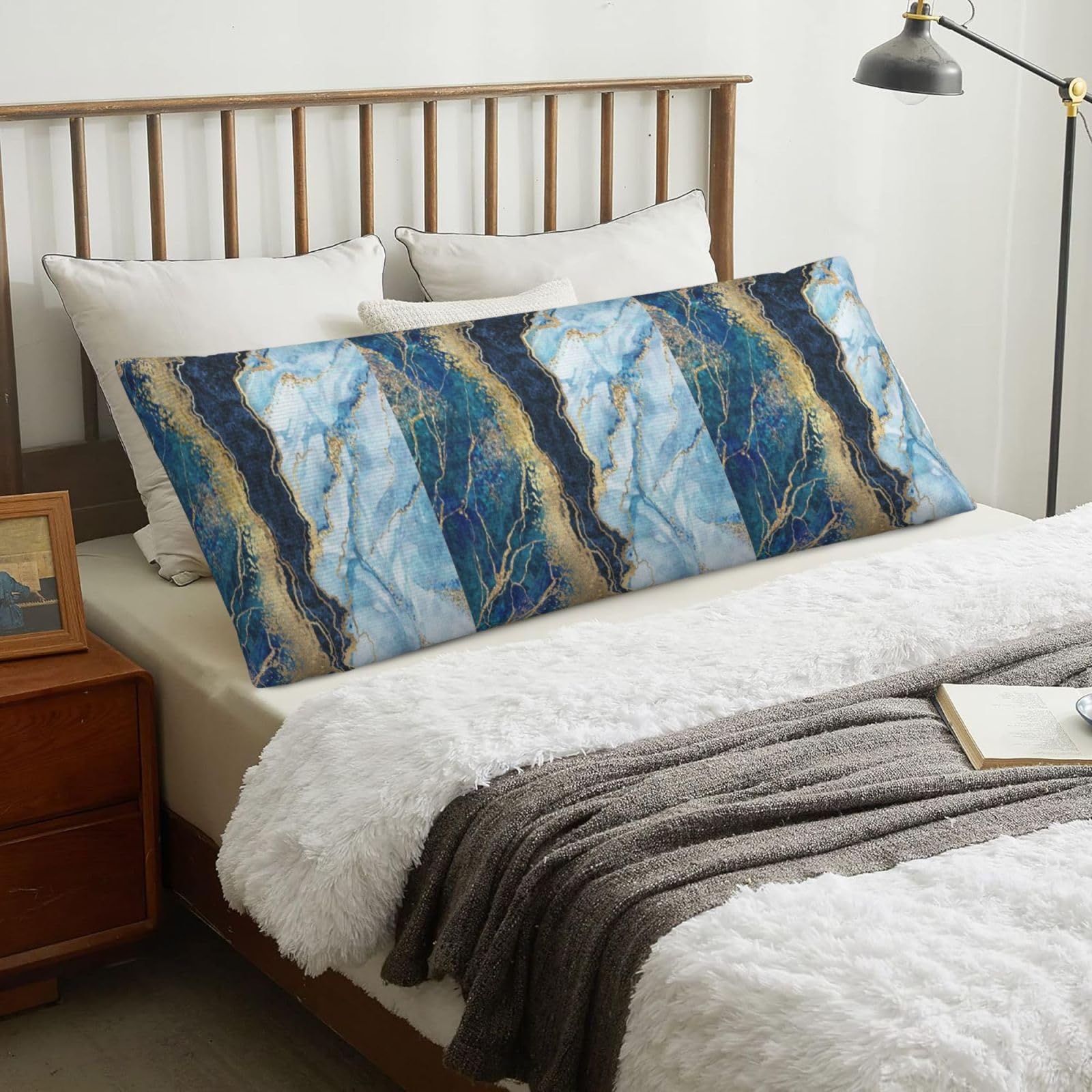 Abstract Paint Gold Glitter Blue Marble, Body Pillow Cover with Zipper,Long Body Pillowcase 20 x 60 in