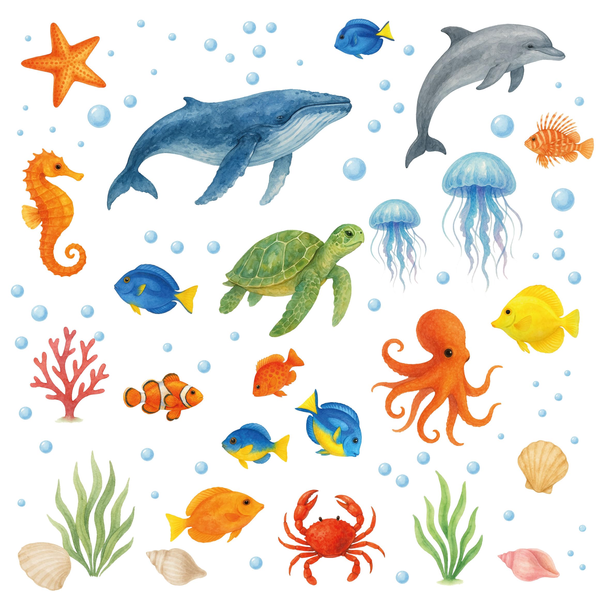Wall4stickers Multi Underwater Wall Stickers For Bathroom Decor – Ocean Animals Removable Vinyl Decals With Whale, Dolphin, Turtle, Fish, Octopus, Seahorse, Jellyfish, Coral And Sea Plants – Fun Kids Room Decoration Set
