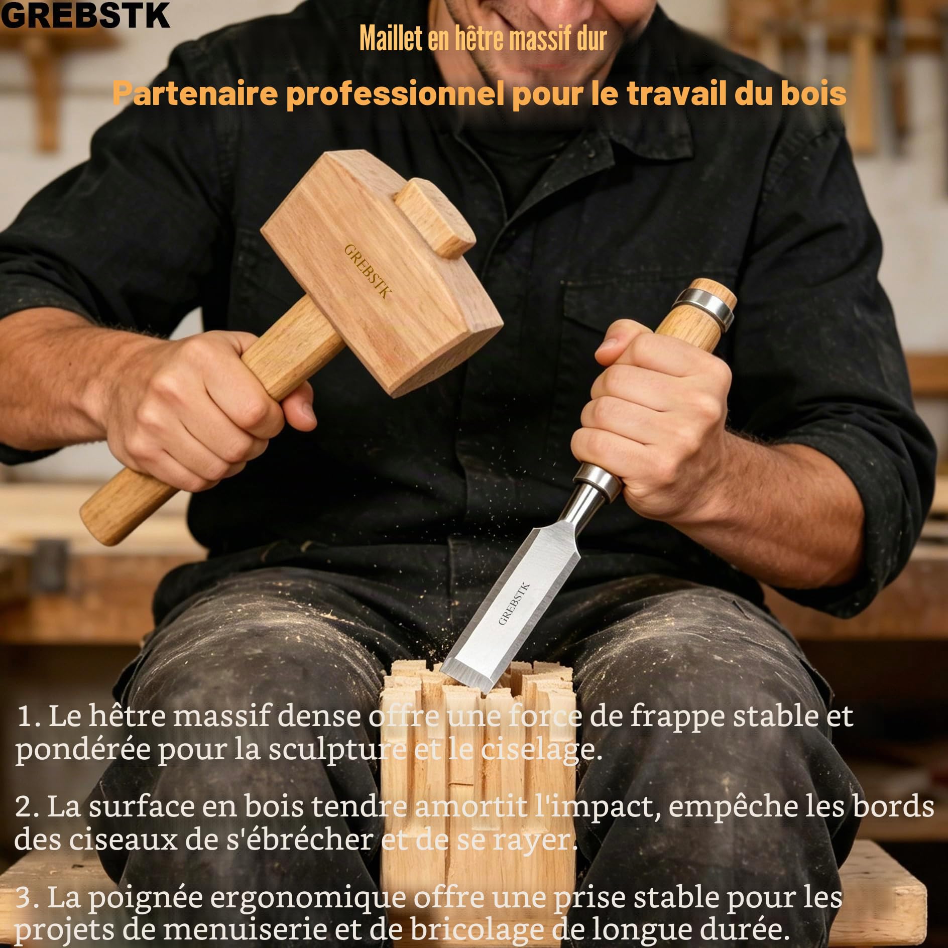 GREBSTK Maillet en bois de hêtre massif 30,5 cm