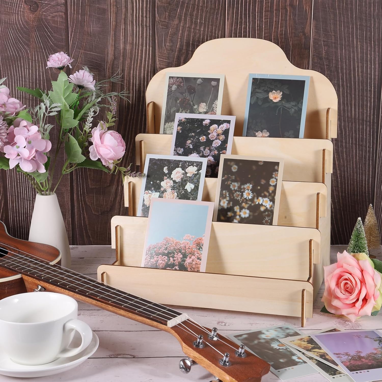 PATIKIL Greeting Card Display Stand, 2 Pcs 4 Tiered Sticker Display Holder Portable Postcard Display Stand Wooden Greeting Card Display Rack for Card Photo, 11.8 x 10.4 x 14.2, Beige