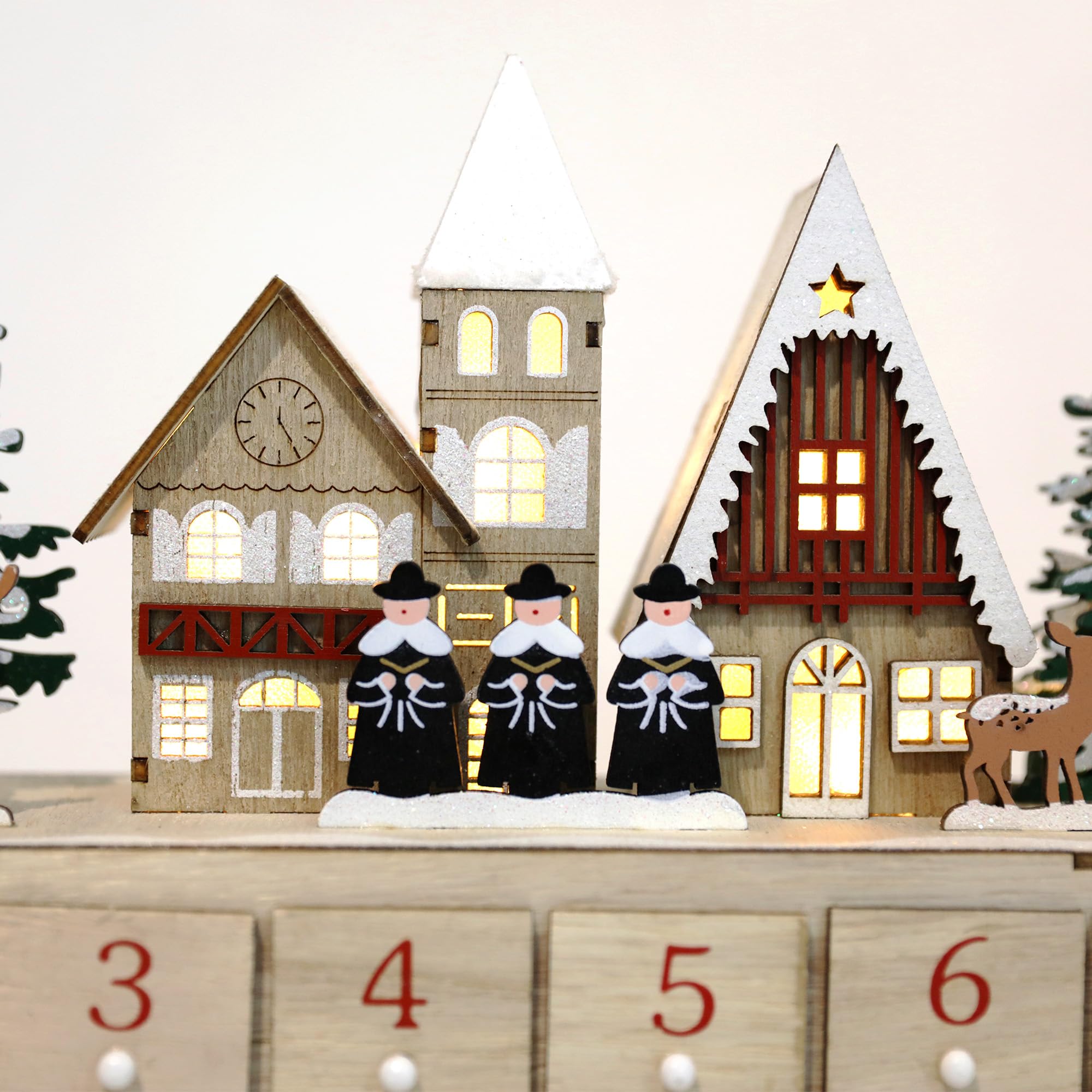Calendario de Adviento de madera con luces LED, cuenta regresiva de 24 cajones para Navidad, diseño de casa de granero, decoración navideña con reno, perfecto para niños y adultos, 14.8