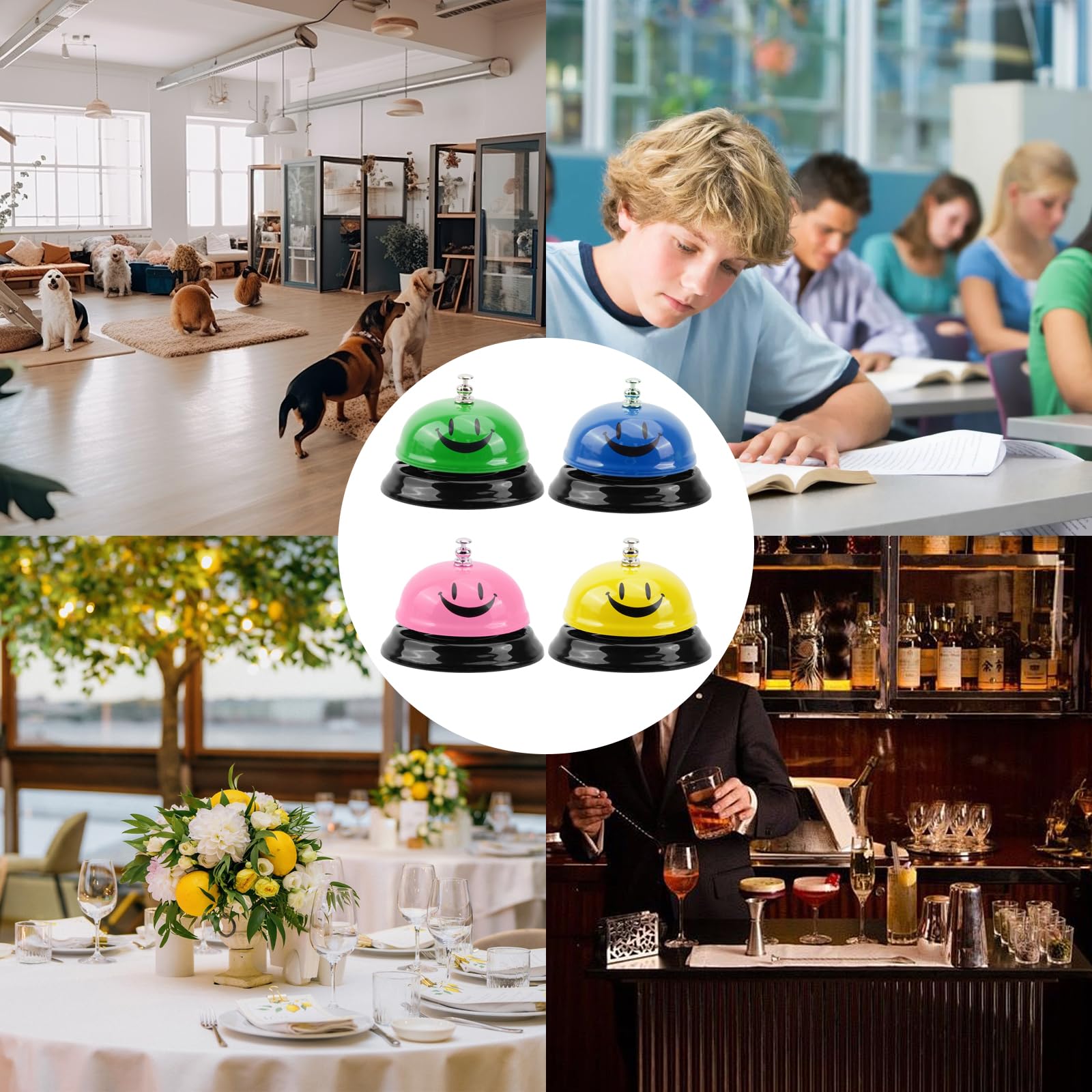 4 Pièces Cloche De Bureau Sourire – Sonnette Service Colorée Jaune Rose Bleu Vert – Acier Inoxydable
