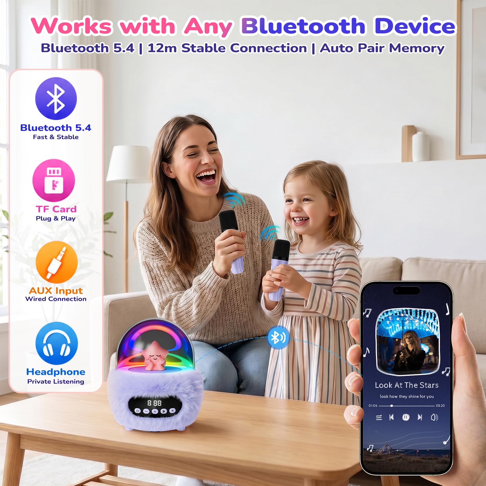Macchina per karaoke per bambini con 2 microfoni: altoparlante Bluetooth portatile senza fili con luci RGB da discoteca, 4 effetti vocali, giocattolo cantante di compleanno per ragazze e ragazzi dai 3