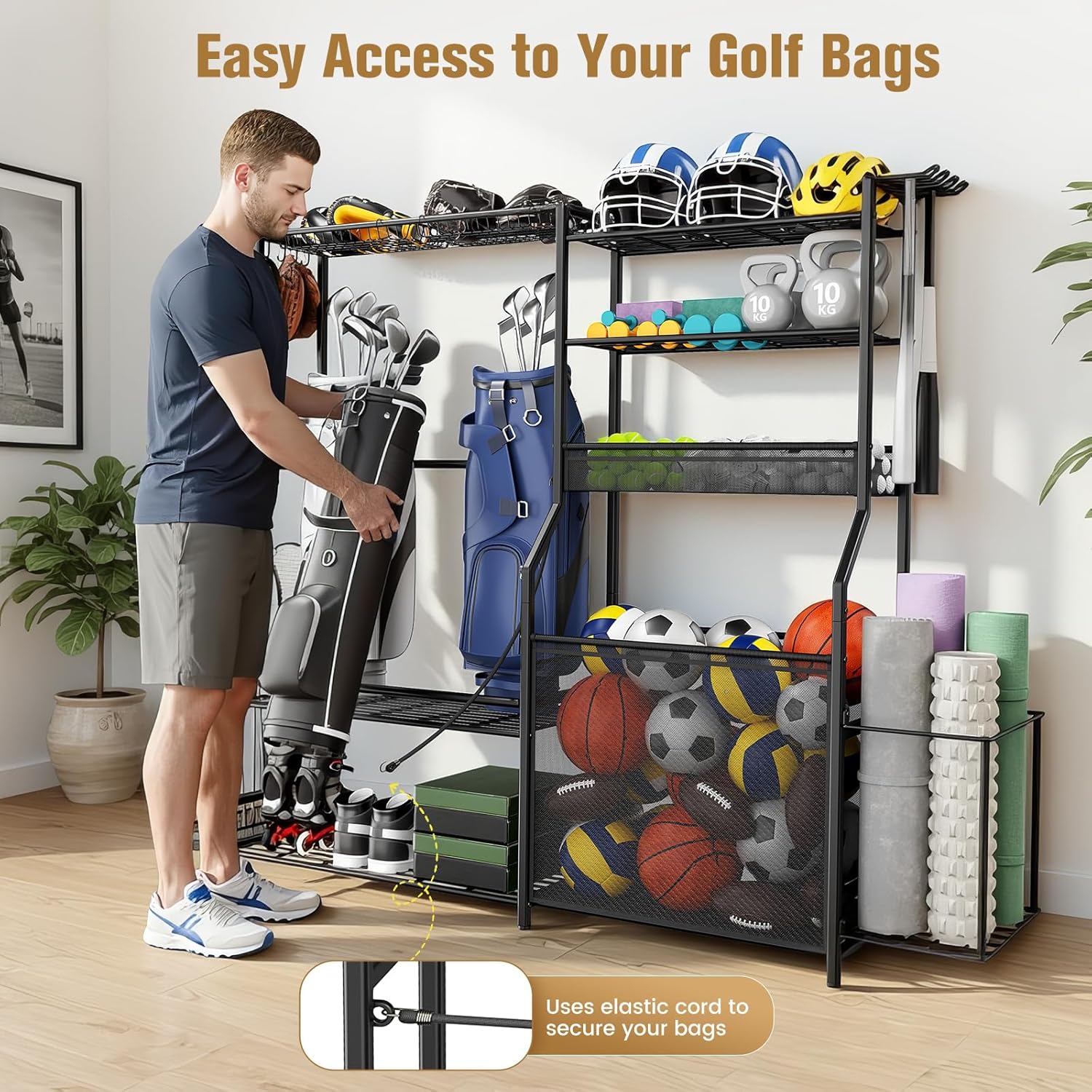 Garage Sports Equipment Organizer, 3 Golf Bag Organizer Stand Heavy-Duty Ball Storage Rack with Basket and Hooks, Ball Storage Cart for Toy Sports Gear Storage, Black