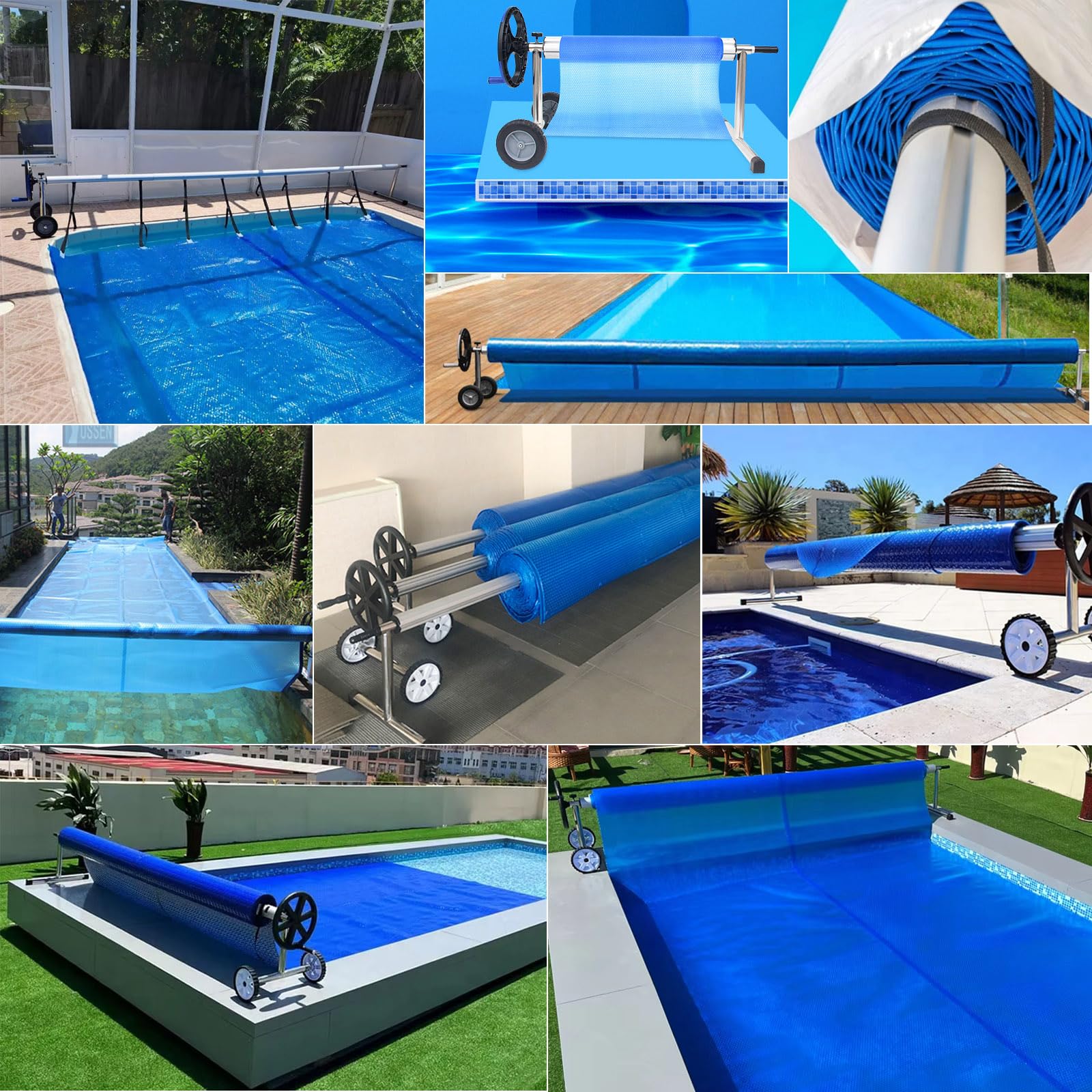 Enrollador de Piscina Telescópico Enrollador de Cubierta de Piscina Móvil con Ruedas Sistema de Enrollado para Lona Láminas Solares Incluye Cintas de Fijación Aluminio Acero Inoxidable
