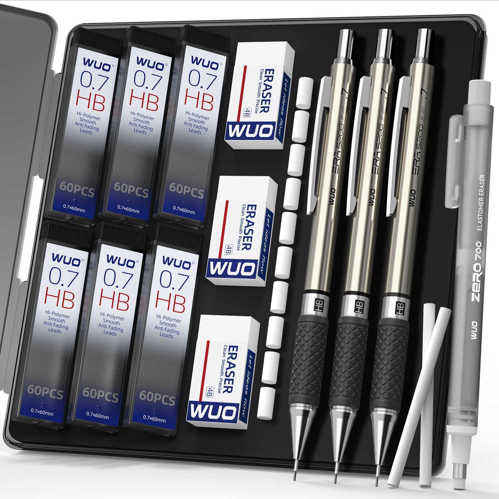 0.7 mm Mechanical Pencil Set with Eraser Pen Storage Case, 3 PCS