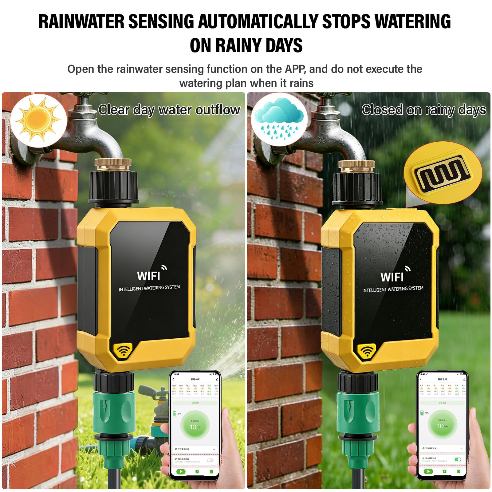 Naroote Temporizador de Riego WiFi Inteligente Temporizador de Riego Controlado por Aplicación 12 a 15,6 L por Minuto Sensor de Lluvia 33,8 a 140 °F Al Aire Libre para Jardín, Césped,