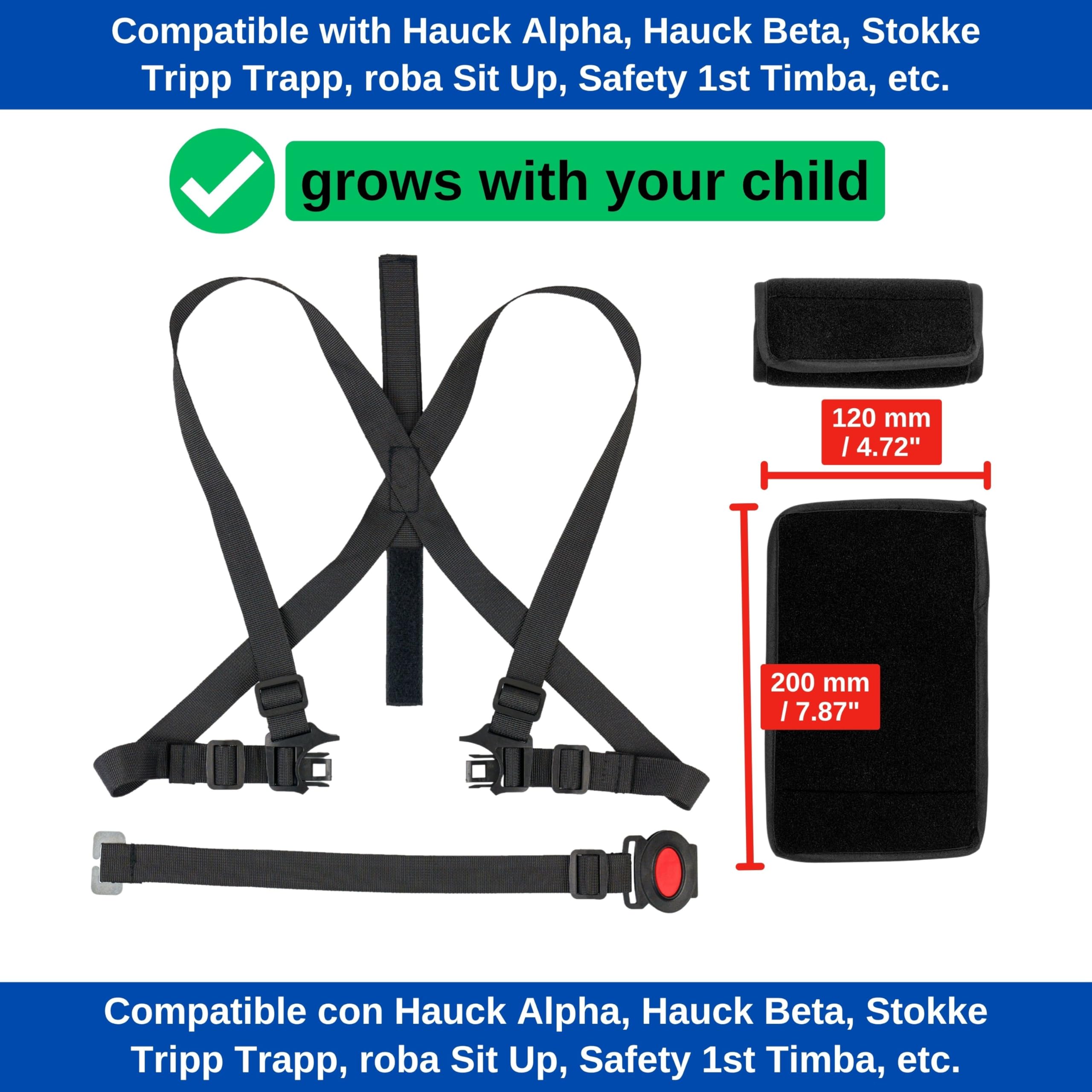 Imbracatura di sicurezza per seggiolone con cuscinetti per cinture, 1 Set, compatibile con Hauck, Stokke Tripp Trapp, Roba, sistema di imbracatura a 5 punti per seggioloni per bambini