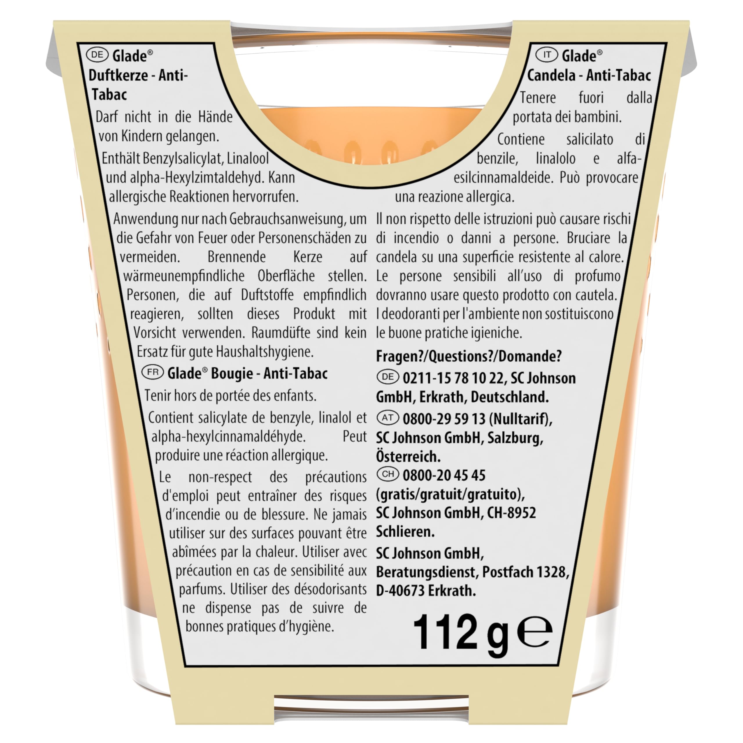 Glade Duft-Kerze im Glas, Anti-Tabac, bis zu 27 Stunden Brenndauer, 6er Pack (6 x 112g)