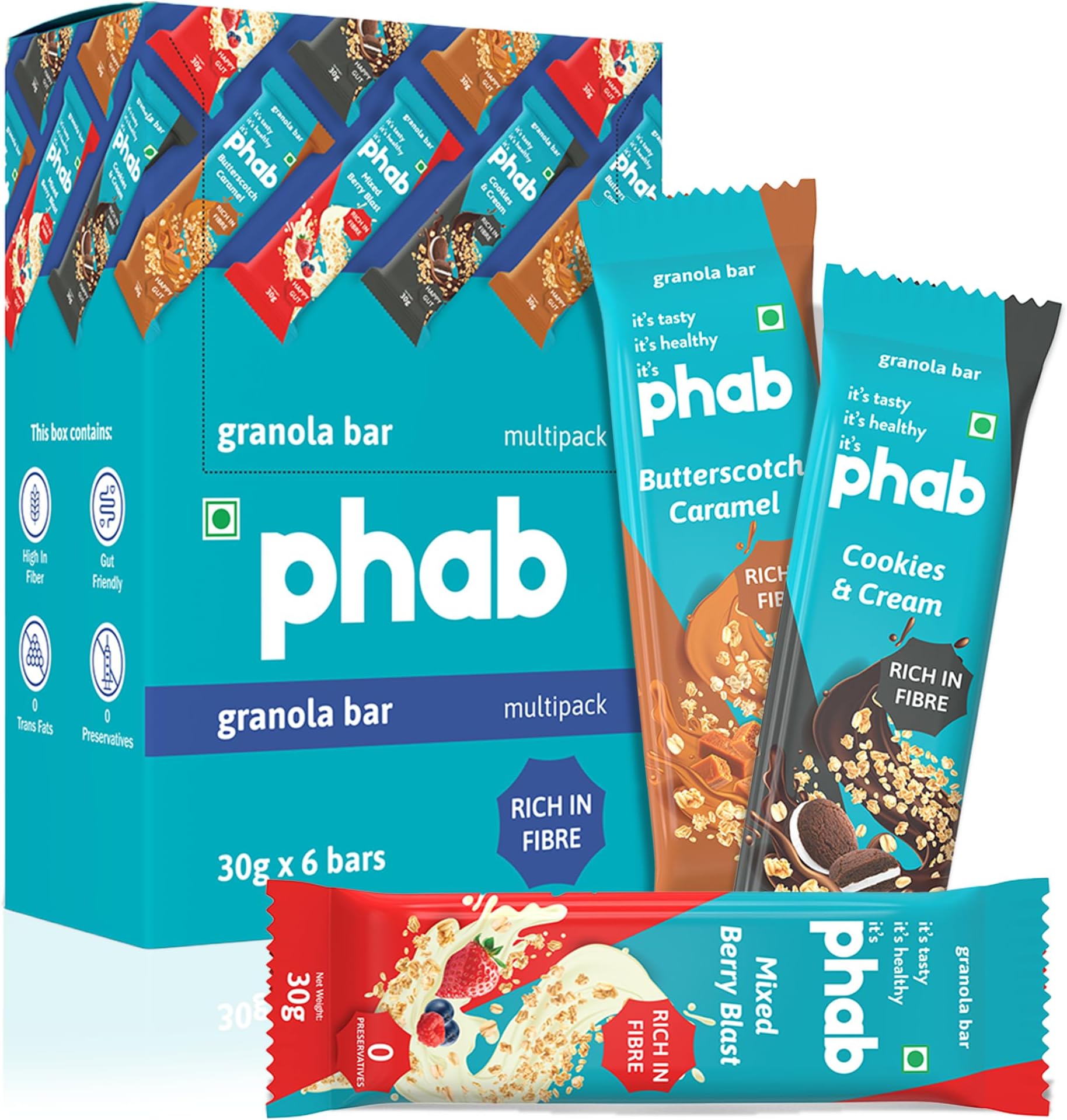 Phab Assorted Granola Snack Bars|Cookies & Cream, Berry, Butterscotch|Healthy Cereal & Breakfast Bar|High Fiber, Gut-Friendly|No Trans Fat|No Preservatives|Source Of Protein|Pack Of 6x 30 Gram)