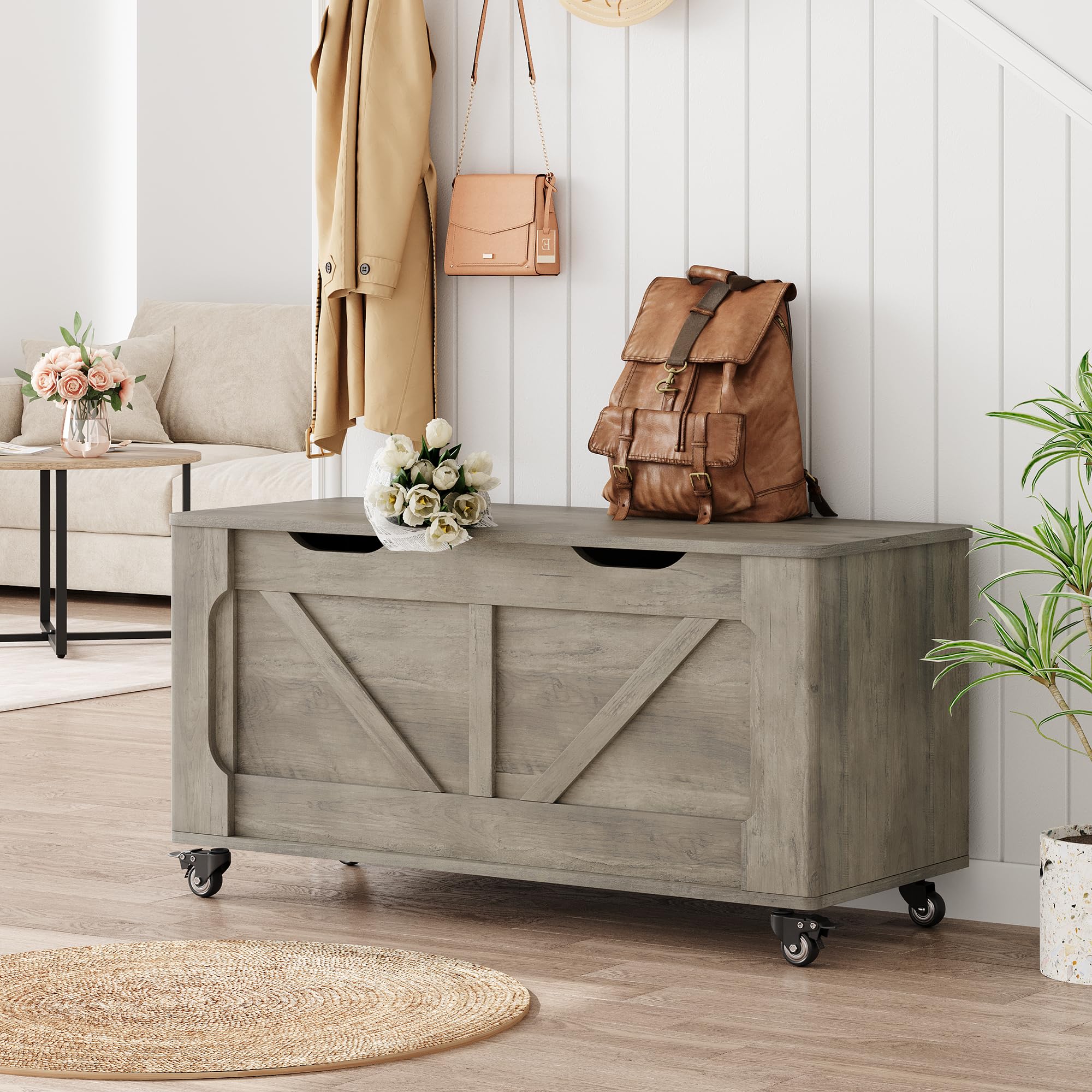Garvee Banc Coffre de Rangement en Bois sur roulettes – 100 cm, capacité 160 kg, Angles arrondis, charnières de sécurité – Style Moderne Rustique pour entrée, Salon ou Chambre – Coupe en U – Gris