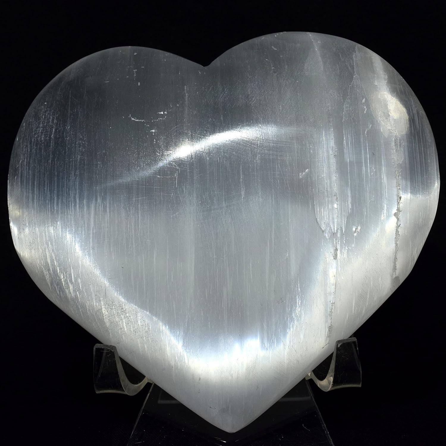 4.4" Selenite Satin Spar Puffy Heart White Natural Cat's Eye Crystal Polished Mineral Angels Love Stone Heart - Morocco + Acrylic Display Stand