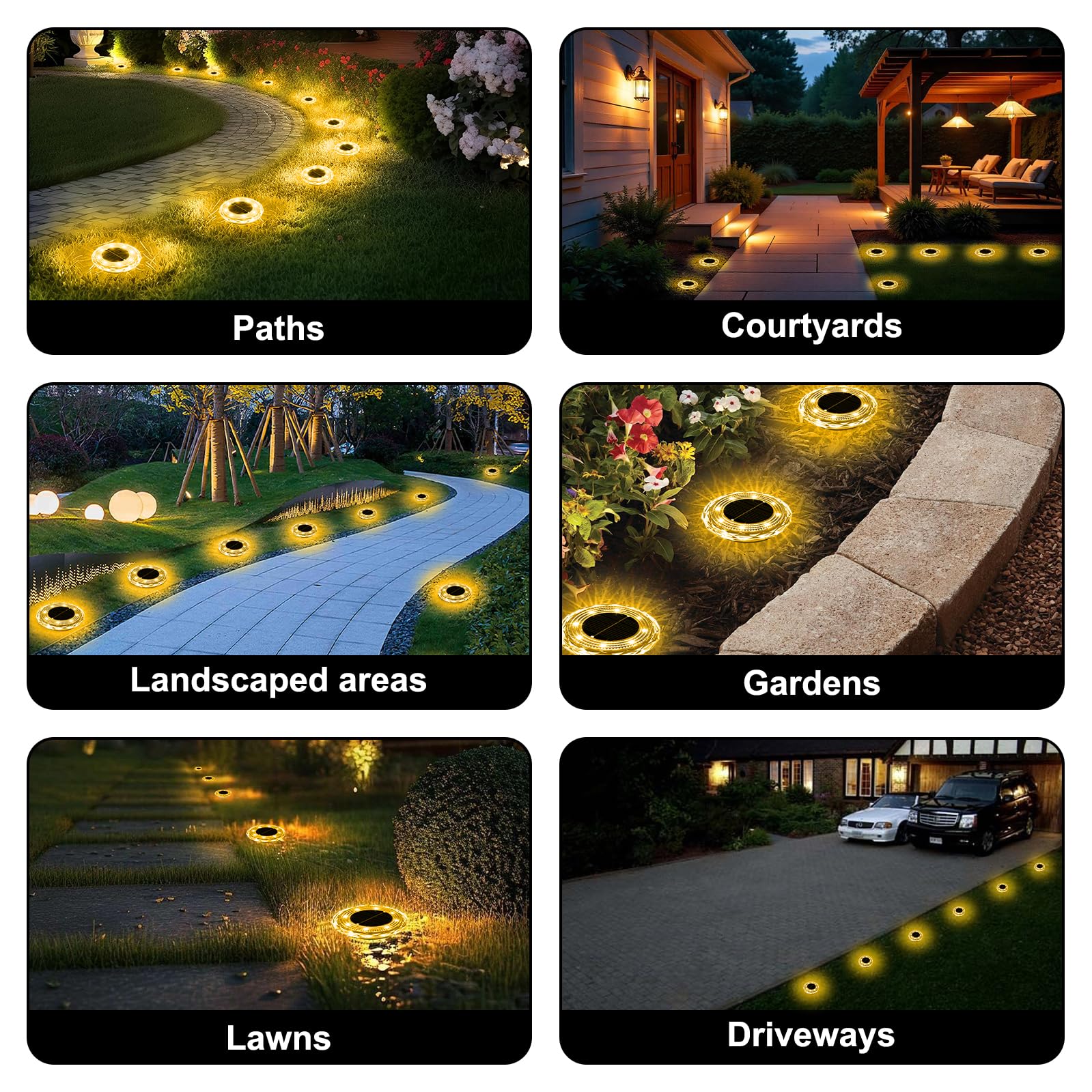 12 Luci Solari da Pavimento per Esterni, Luci Solari per Esterni da Giardino Ip65 Impermeabili, 8 LED Perle di Luce, per Vialetti, Cortili, Patii, Sentieri (Luce calda)