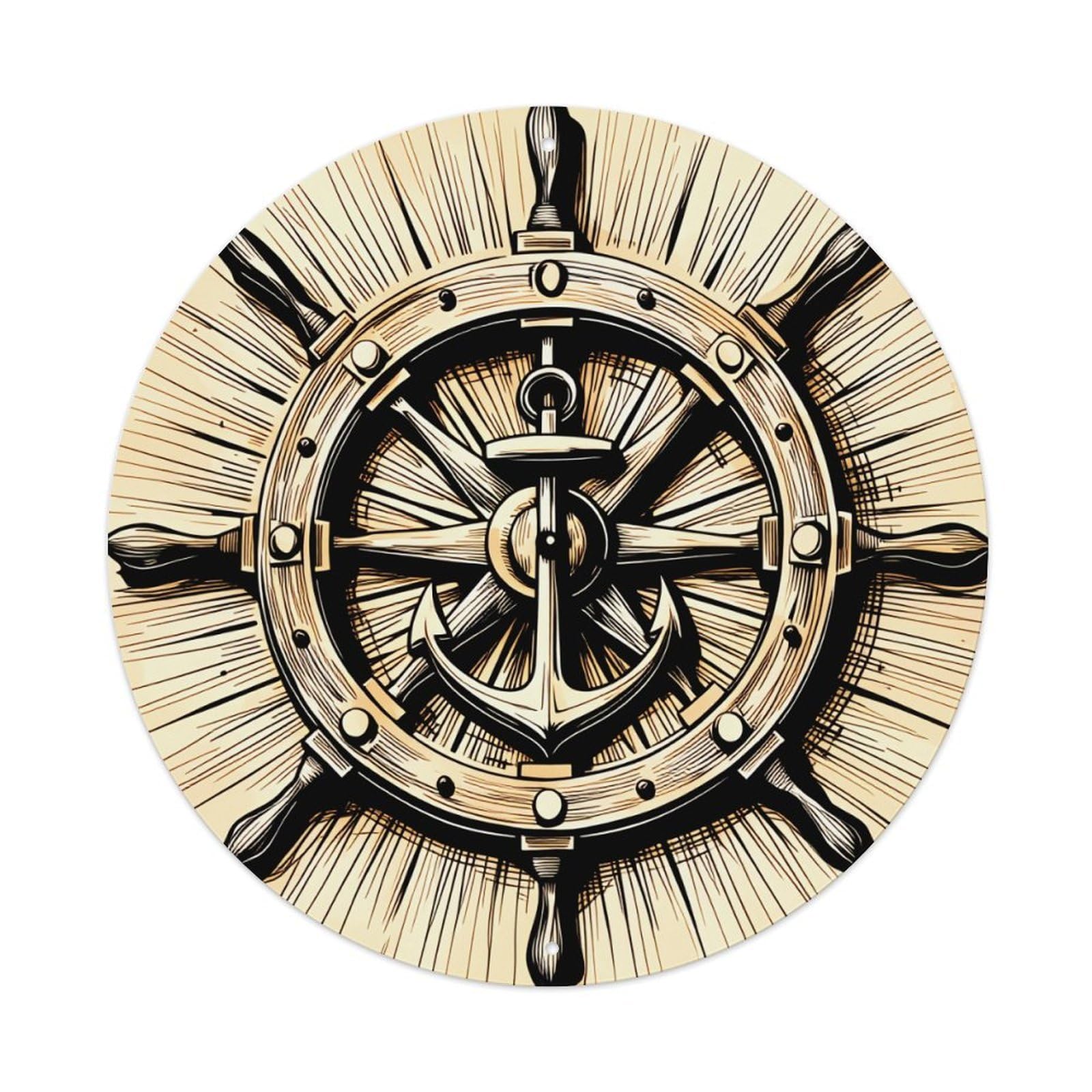 Nautical Wheel Anchor Design Pattern Round Tin Sign Vintage Metal Poster, Home Bar Garage Man Cave Cafe Indoor & Outdoor Wall Decoration 8x8Inches