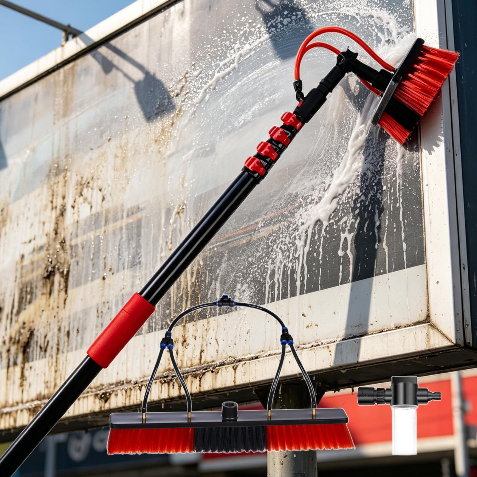 Pértiga Telescópica De Largo Alcance con Cabezal De Cepillo De 55 cm – Mango Telescópico De Fibra De Carbono, 4 Salidas De Agua, Cerdas Suaves – para Paneles Solares, Ventanas 3.6m/12ft