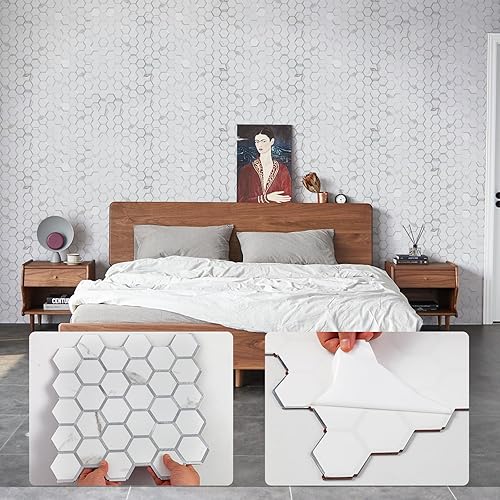 Miniatura 6 de Midcard 10 hojas de azulejos hexagonales sin costuras para salpicaduras, aspecto de mármol blanco con accesorios de metal plateado, perfecto para