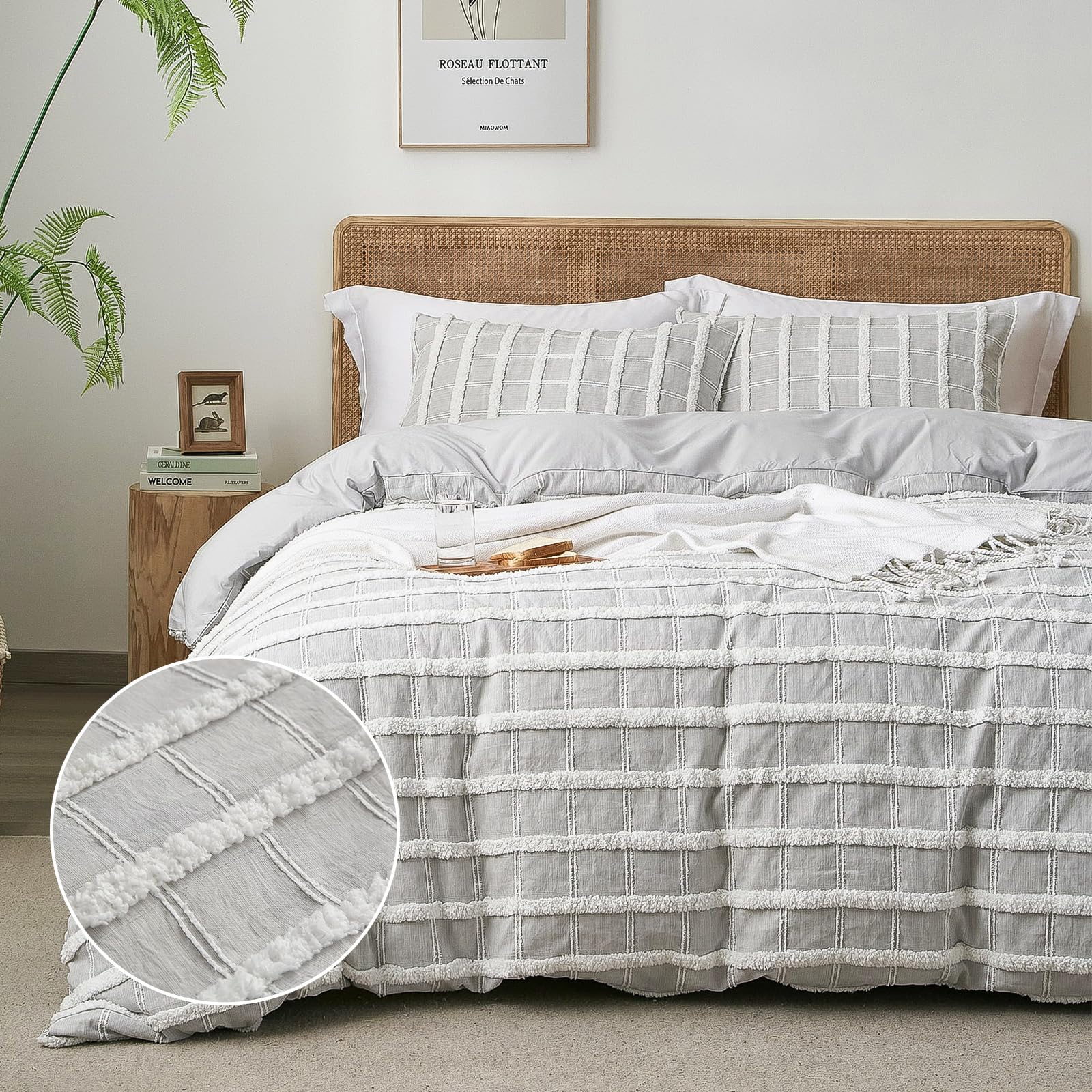 Tufted Boho Grey Stripe Twin Duvet Cover Set, 1 Pillow Sham, No Comforter