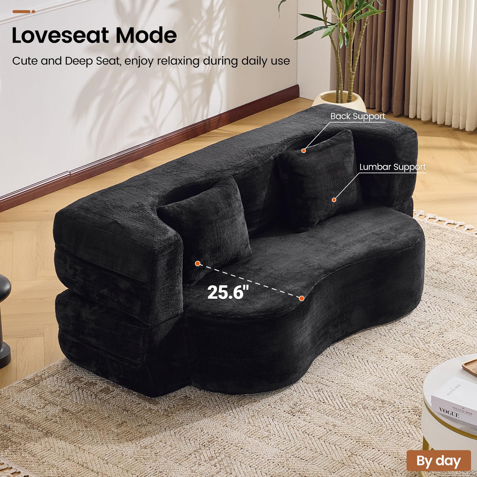 Orynveela Convertible Folding Sofa Bed, 78” Full Size Floor Sleeper Couch, Chenille Full Foam Futon Loveseat for Living Room Bedroom, No Assembly Required (Green): 71" Black