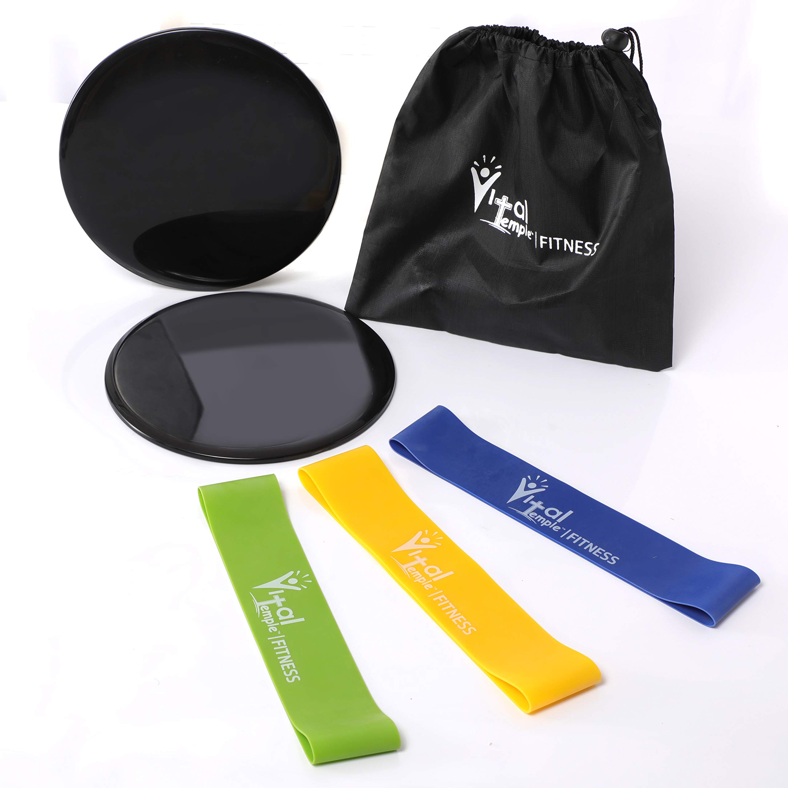 VitalTempleResistance Loops Core Slider Set - Exercise Kit for 80 Day Obsession Home Workout of Abdominal Thigh Booty Leg Strength & Fitness to Tone your Beach Body, Elastic Bands + Ab Disks (Multi)