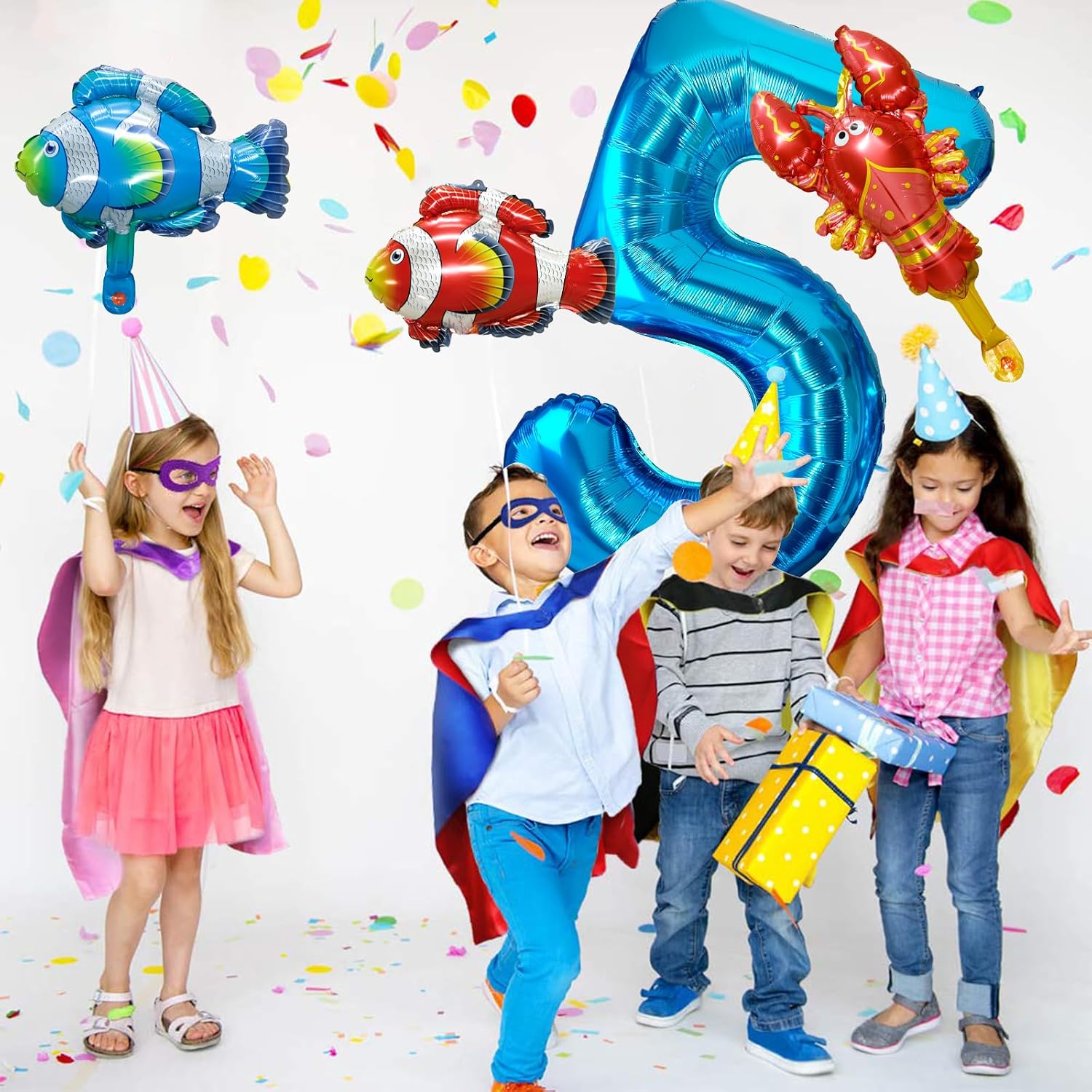 40 Inch Under the Sea Blue Number 5 Balloon Mini Sea Animal Balloons image 2