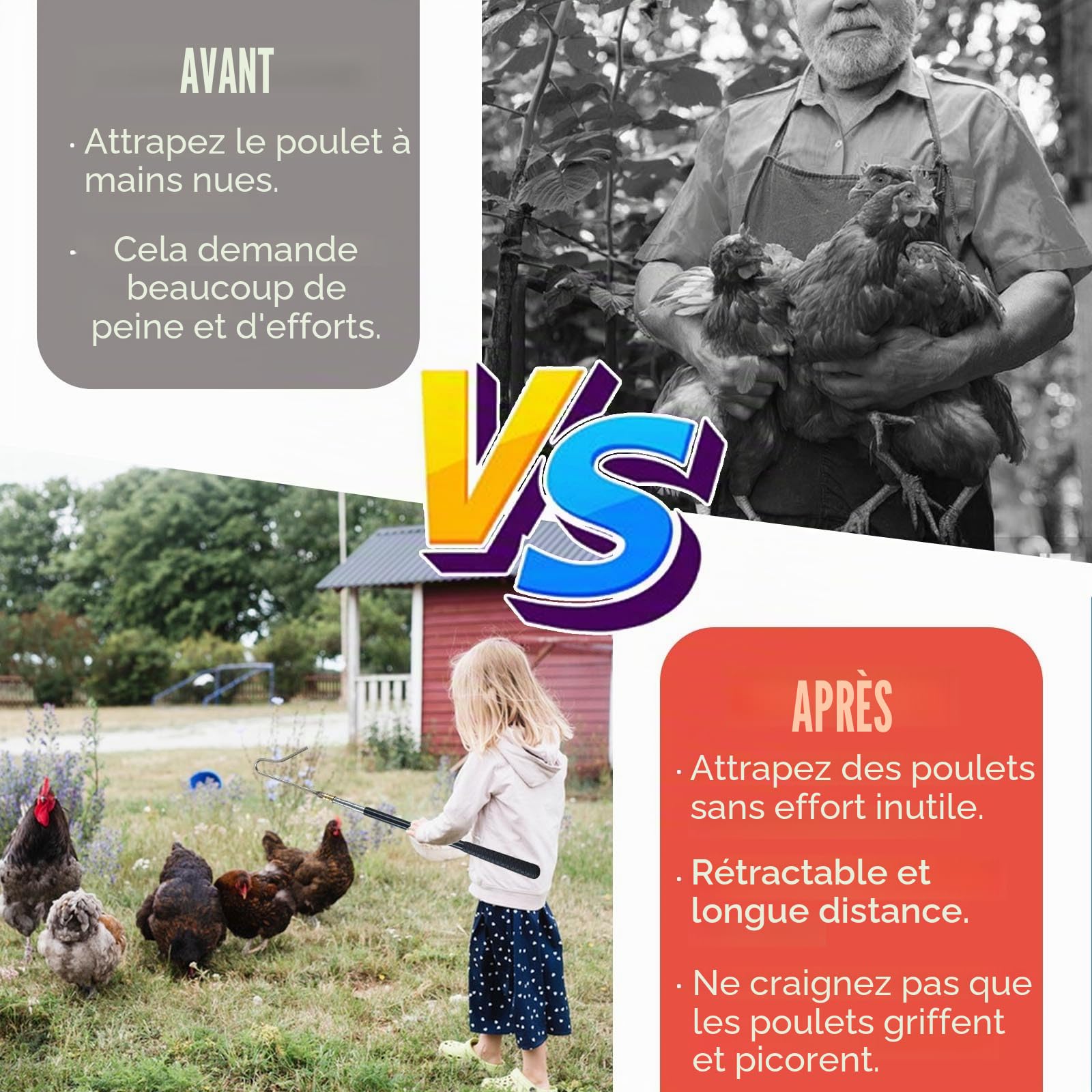 Kit de Filet de Pêche évolutif pour Volaille,Filet pour Attraper les Poulets,Crochet pour Pattes en Acier Inoxydable,Outil de Capture pour Poulets,Canards,Poissons,37 à 151cm de Longueur Extensible