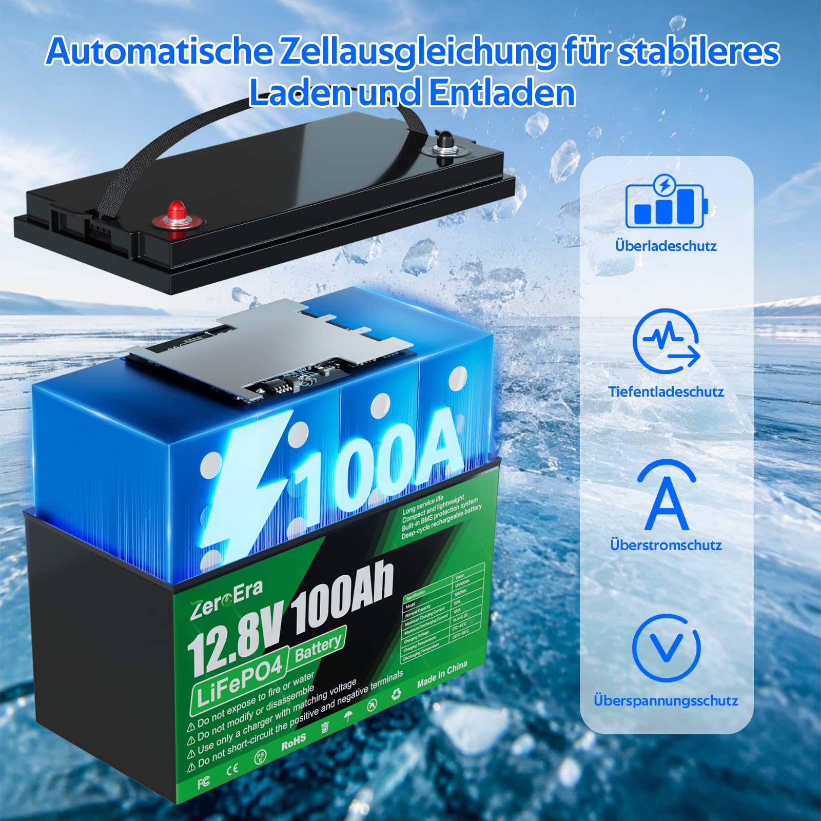 ZeroEra Akumulator LiFePO4 12 V 100 Ah, 1280 Wh, ochrona przed zimnem, 10000-15000 cykli, seria równoległa, RV Boot Off-Grid Solar Storag