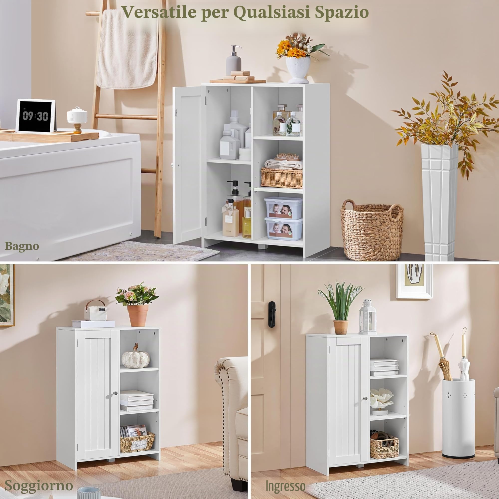 Yaheetech Mobile da Bagno Autoportante Moderno in Legno con Anta Singola e 3 Ripiani Aperti Armadio da Bagno Compatto con Ripiano Regolabile per Soggiorno Corridoio (Bianco)