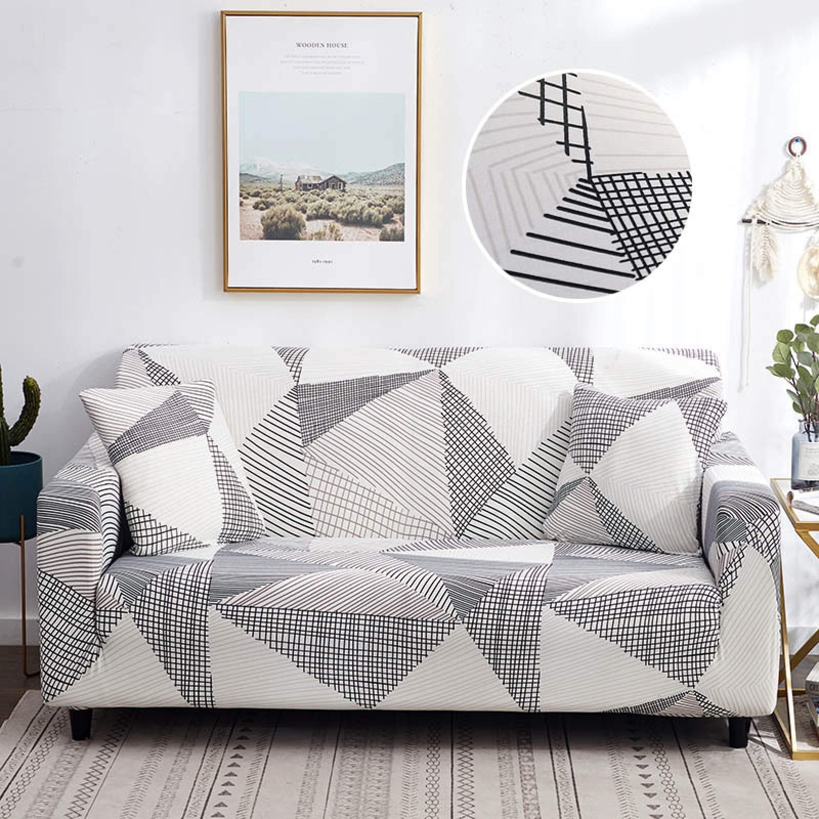 Funda para sofa de 4 plazas elastica con lineas negras beige y funda de almohada