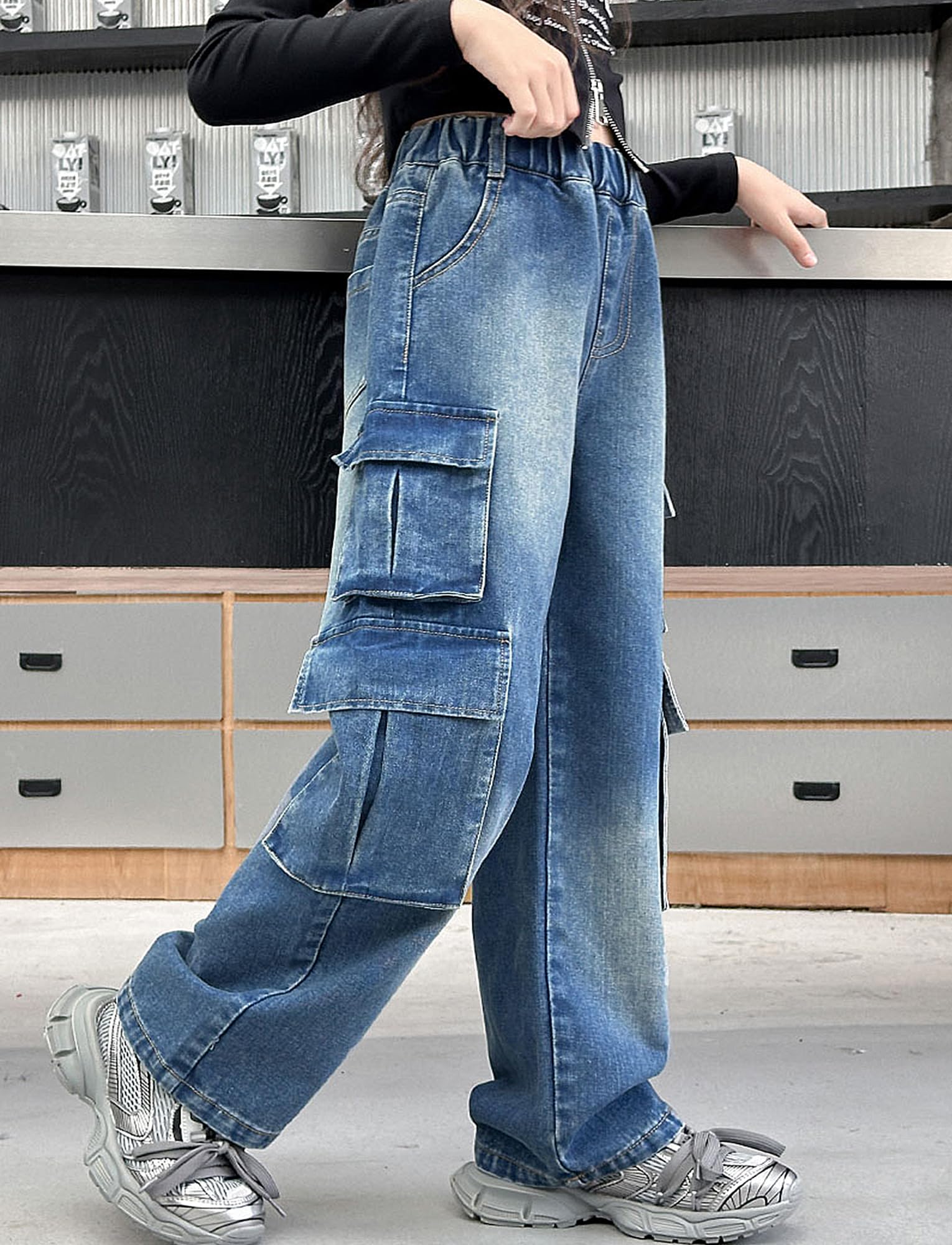 SEAUR Girls Baggy Denim Cargo Jogging Pants with Pockets