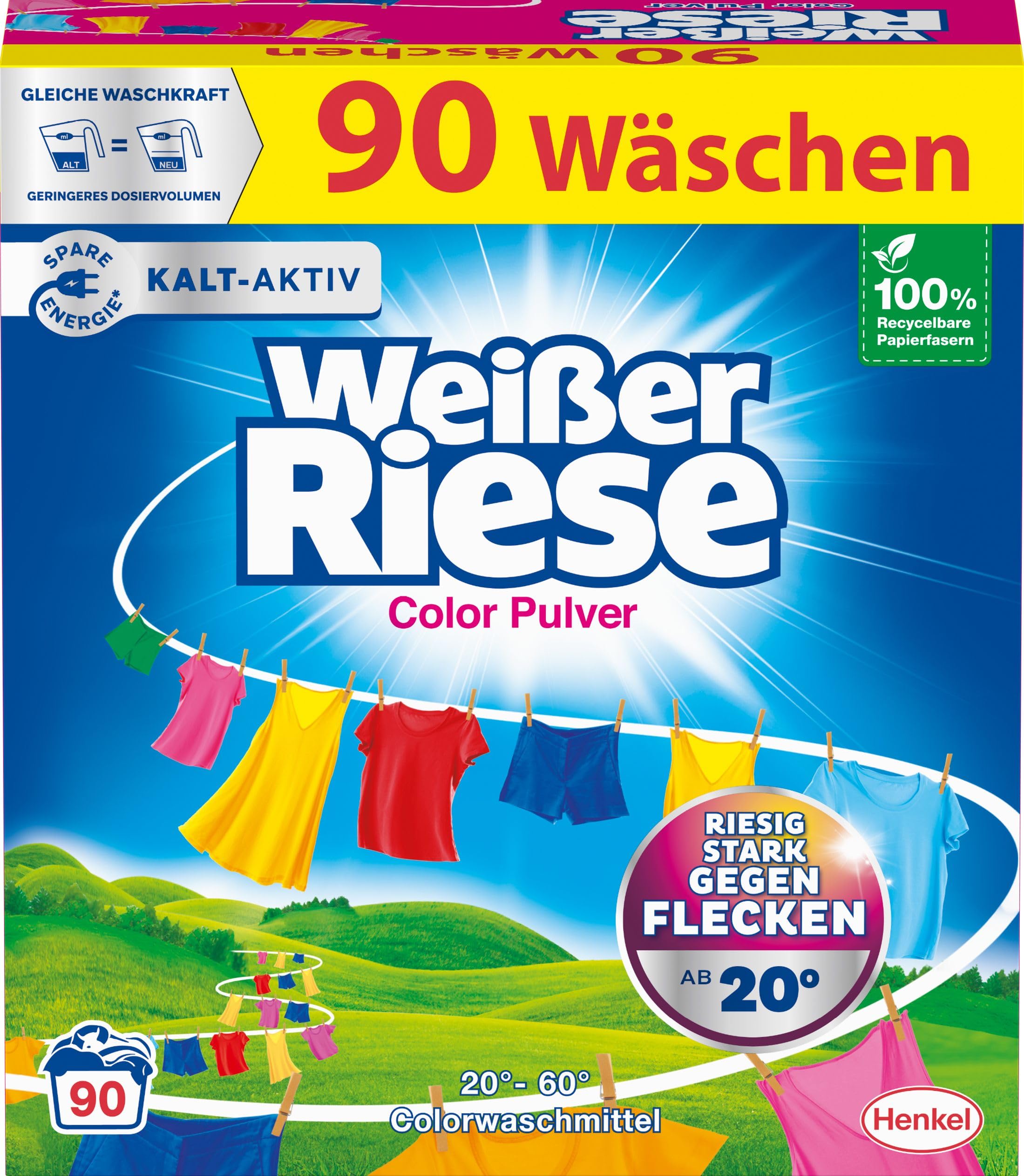 Weißer Riese Color Pulver 180 Waschladungen (2x 90 WL), Colorwaschmittel wirkt riesig stark gegen Flecken, Kalt-Aktiv schon ab 20° C, ergiebiges Waschpulver, ideal für Familien mit Kindern