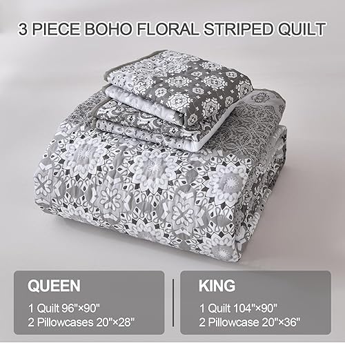 Miniatura 6 de WONGS BEDDING Juego de edredón bohemio gris, tamaño Queen, juego de colcha de verano con 2 fundas de almohada, juego de ropa de cama bohemia de
