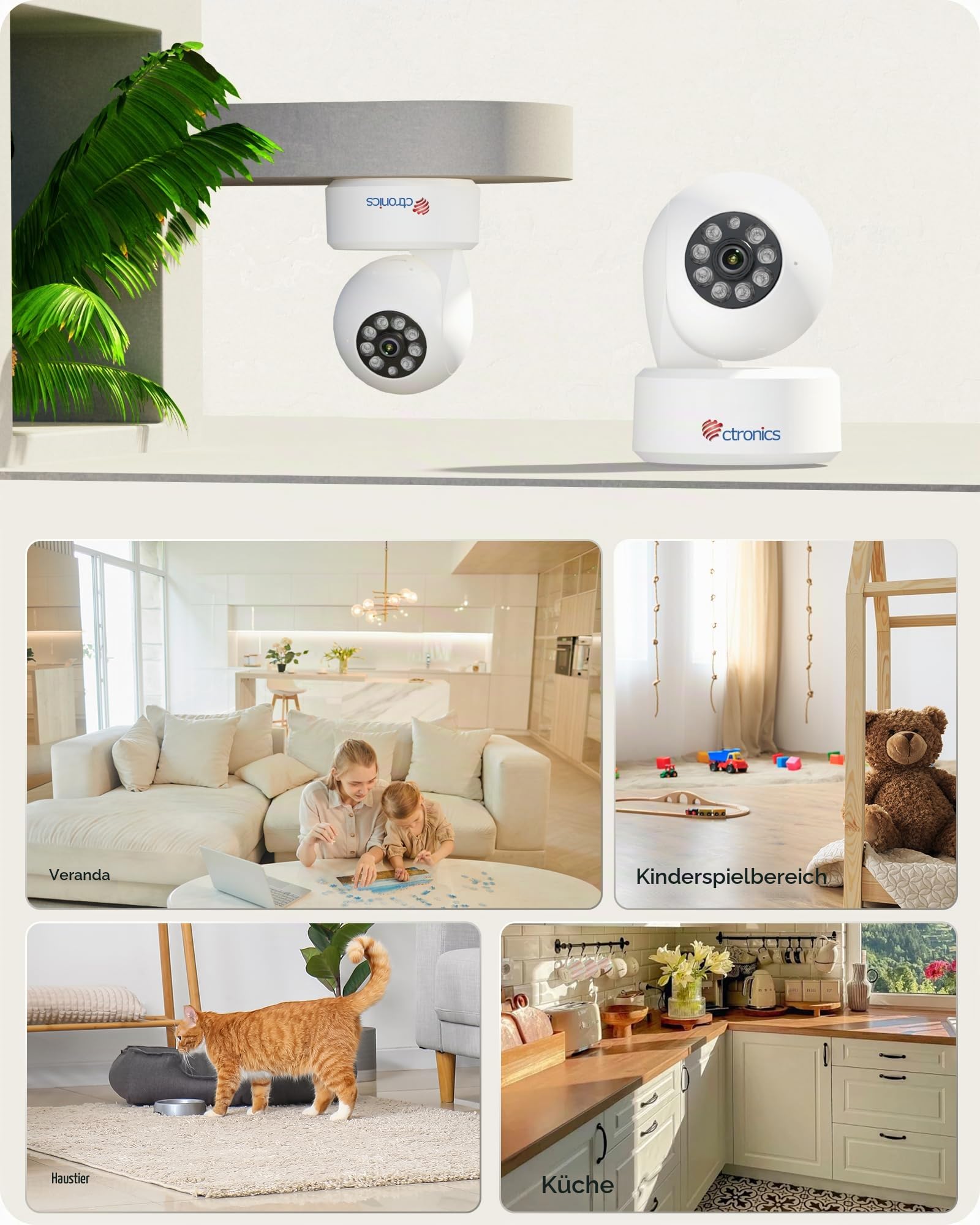Ctronics 4k Innen Überwachungskamera mit Automatischer Verfolgung, AI Personen-/Haustiererkennung, Cloud/256GB TF-Kartenspeicher, FTP/NVR/NAS, 2,4/5GHz WLAN, 360° PTZ Handy oder PC, 24/7, 2-Wege-Audio