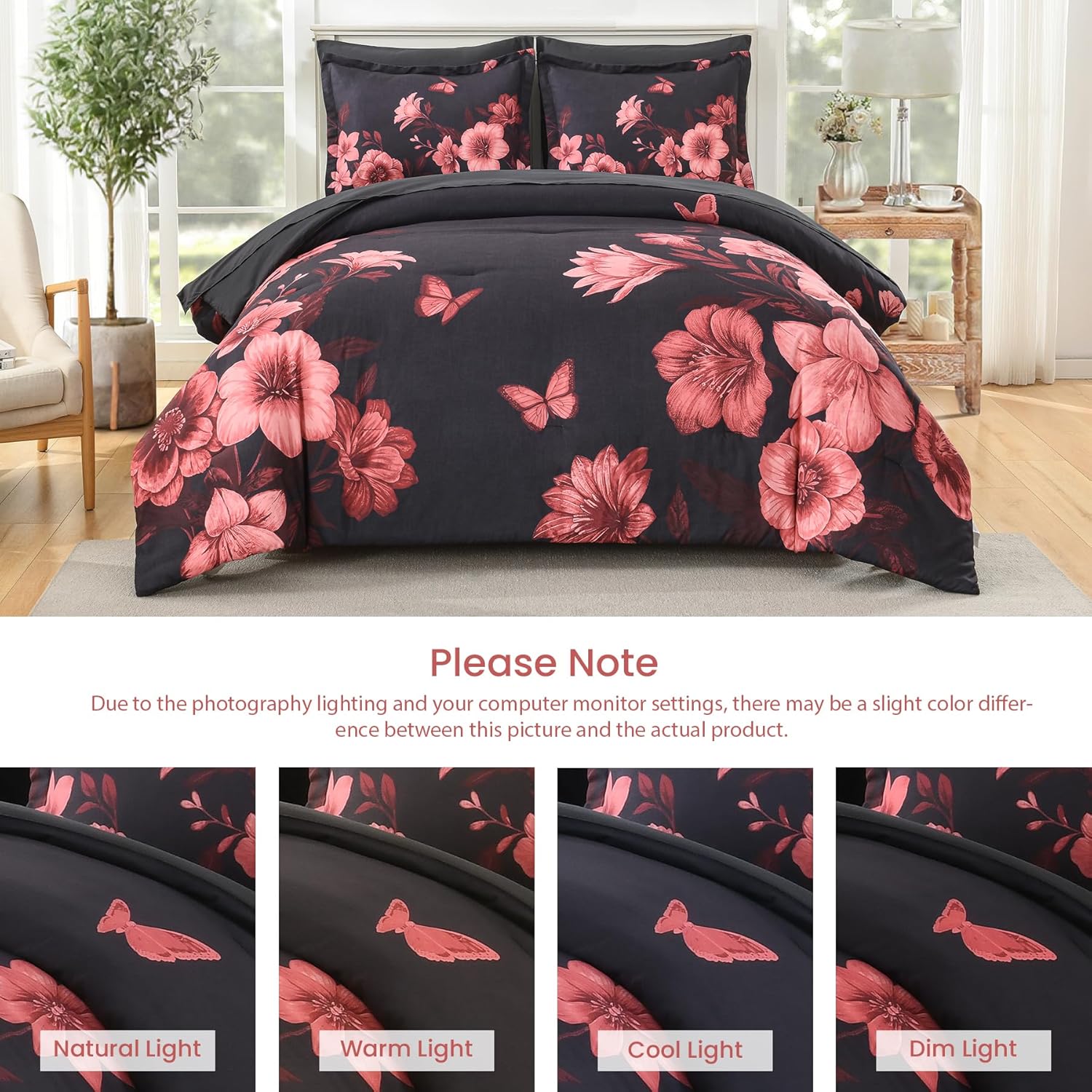 Floral Comforter Set Queen Size, 7 Piece Black Bed in a Bag, Elegant Flower Pattern Comforter Set with Sheet, Soft Microfiber Complete Bedding Sets for All Season - Image 8