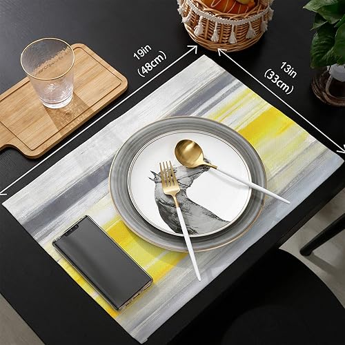Miniatura 6 de Manteles individuales de granja con camino de mesa de arpillera de 70 pulgadas de largo, color amarillo y gris, resistentes al calor, juego de 6