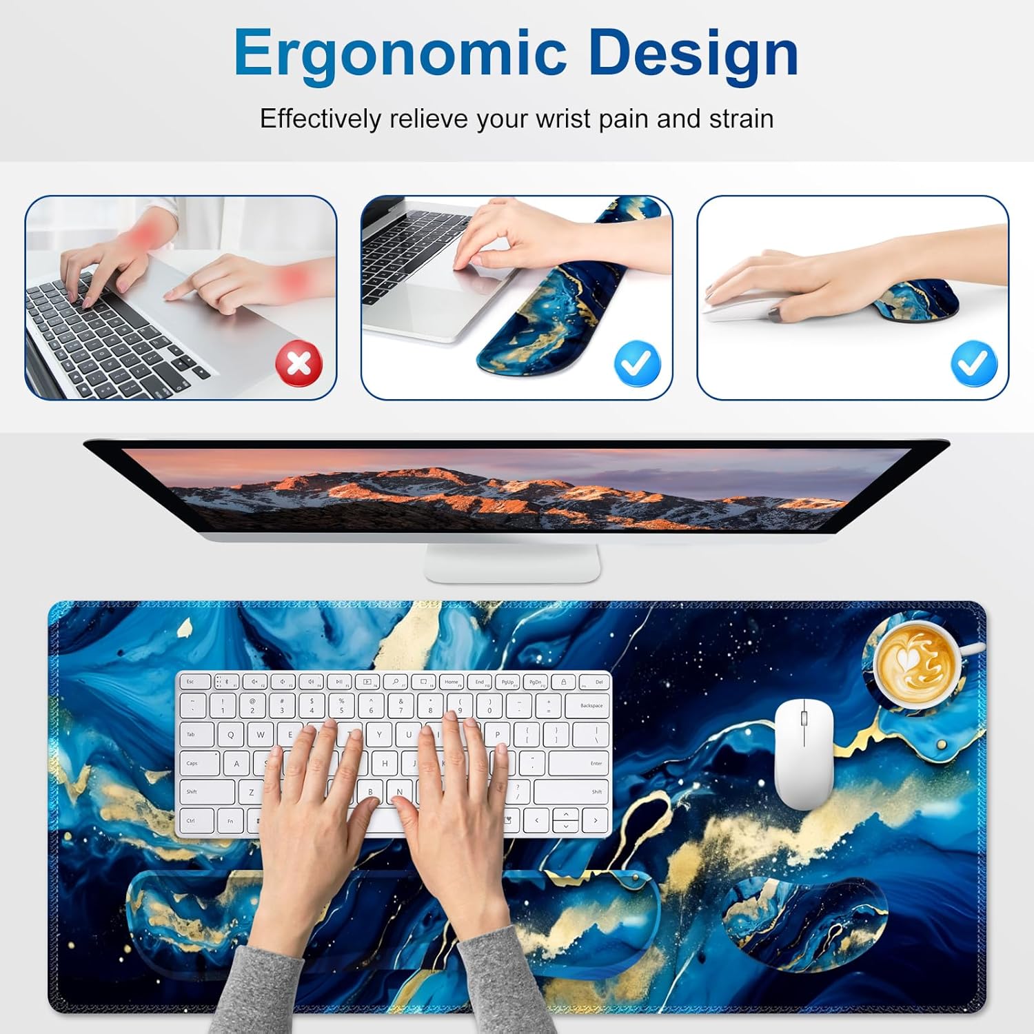 Desk Mat Pad, Gaming Mouse Pad Wrist Support Set, 4 in1 Non-Slip XXL Large Mousepad + Ergonomic Keyboard Wrist Rest+Mouse Wrist Rest+Coaster for Home Office Computer I Blue Gold Marble